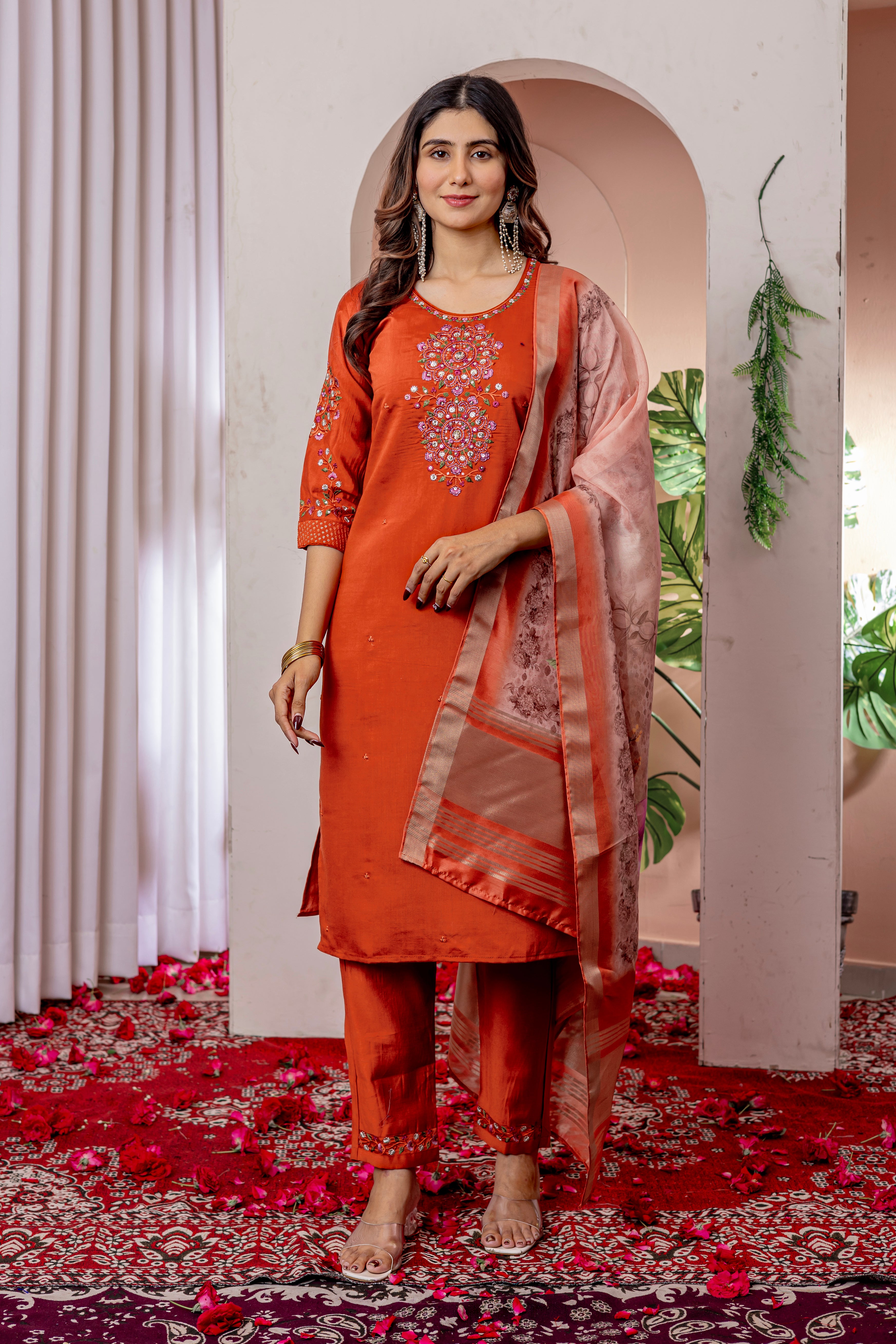 Graceful Straight Kurti Set with Chanderi Dupatta