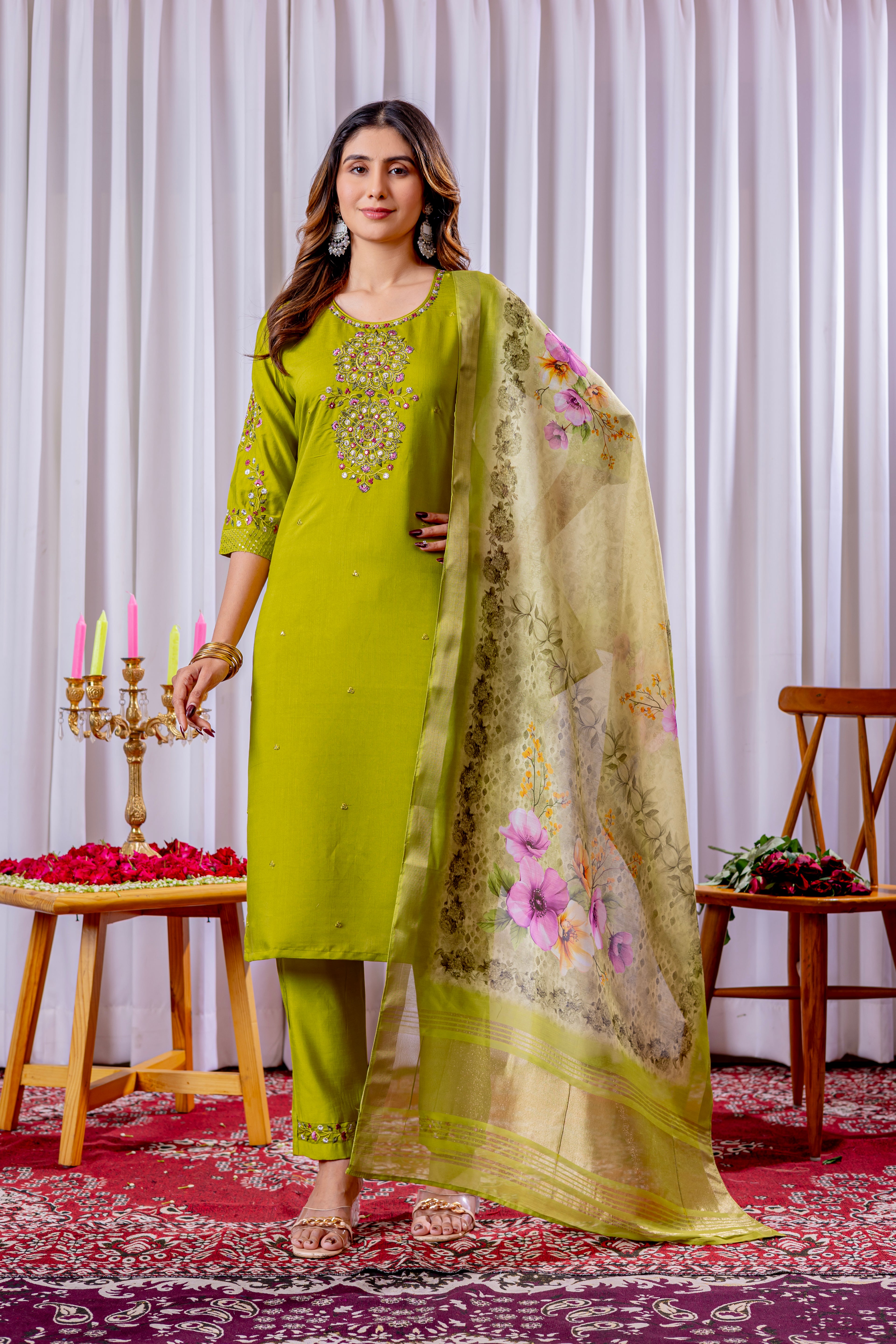 Graceful Straight Kurti Set with Chanderi Dupatta