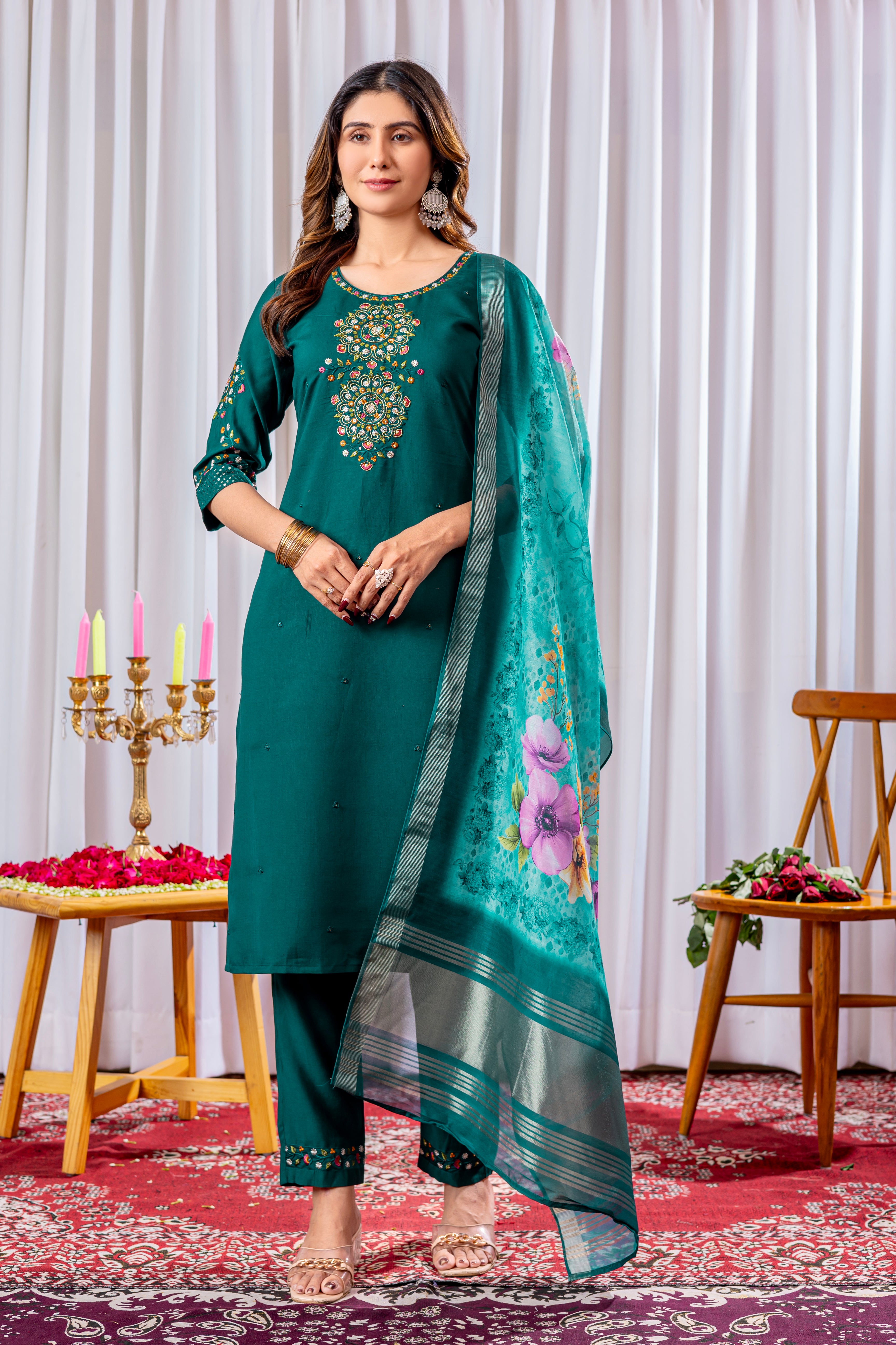 Graceful Straight Kurti Set with Chanderi Dupatta