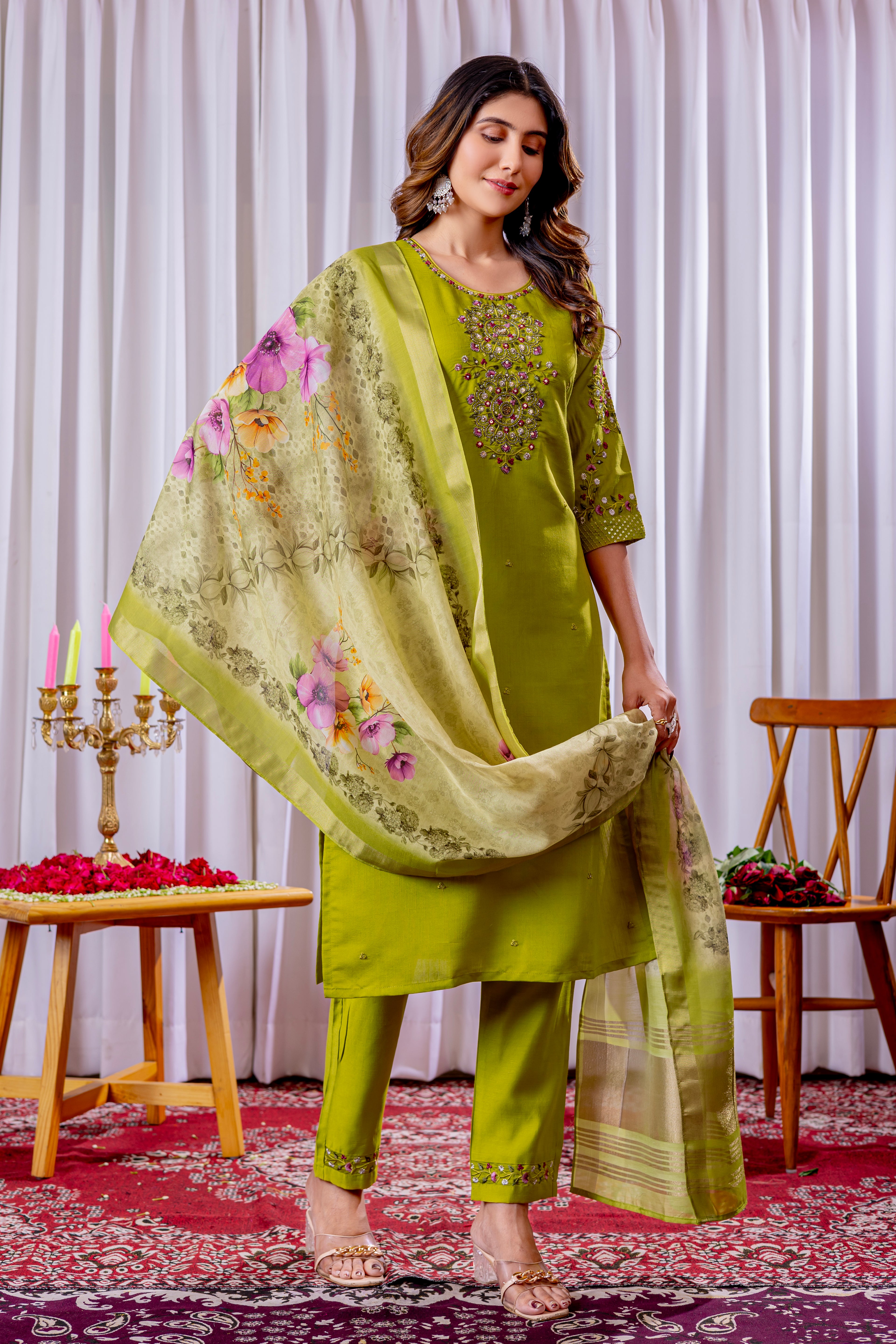Graceful Straight Kurti Set with Chanderi Dupatta