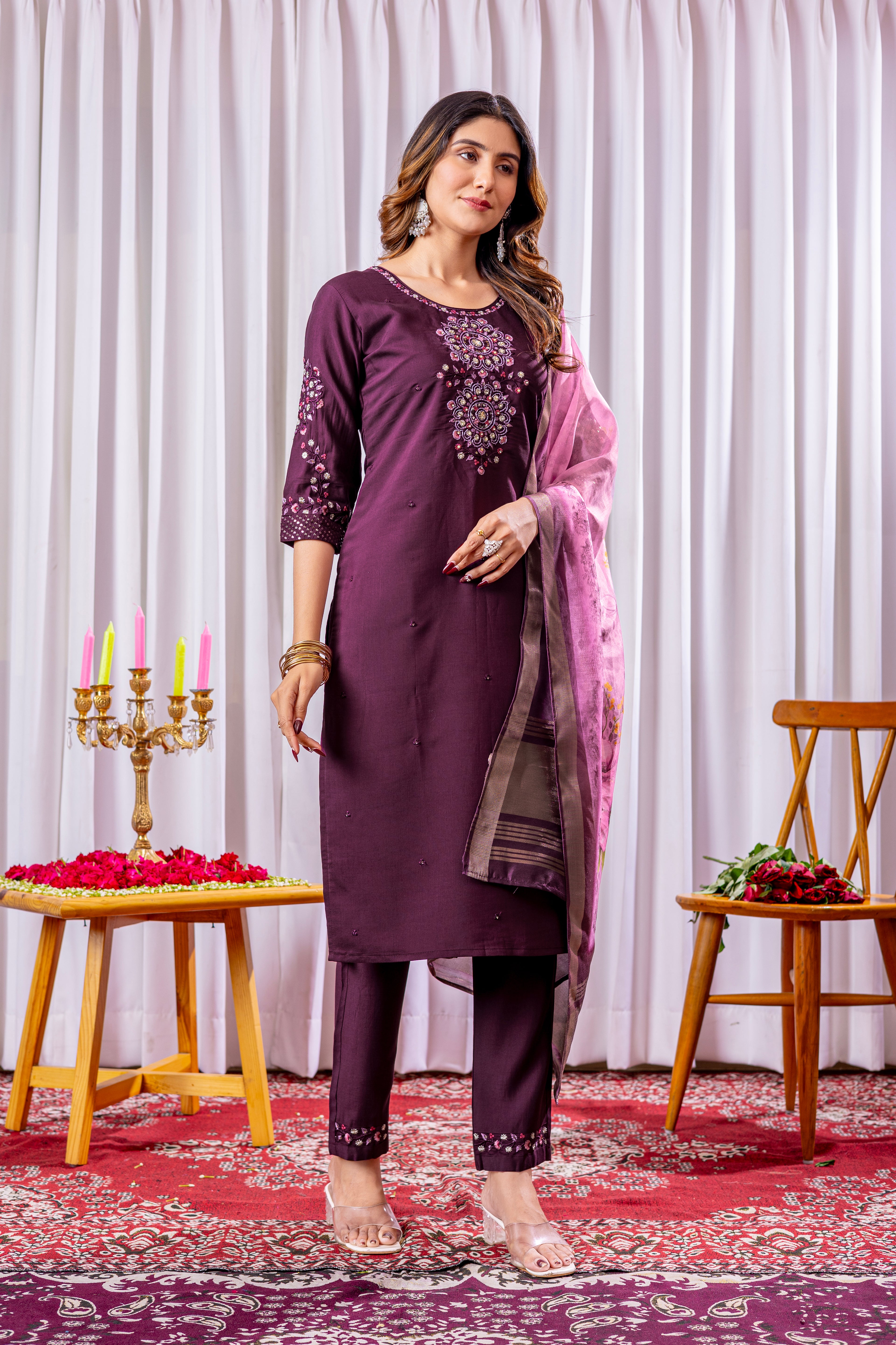 Graceful Straight Kurti Set with Chanderi Dupatta