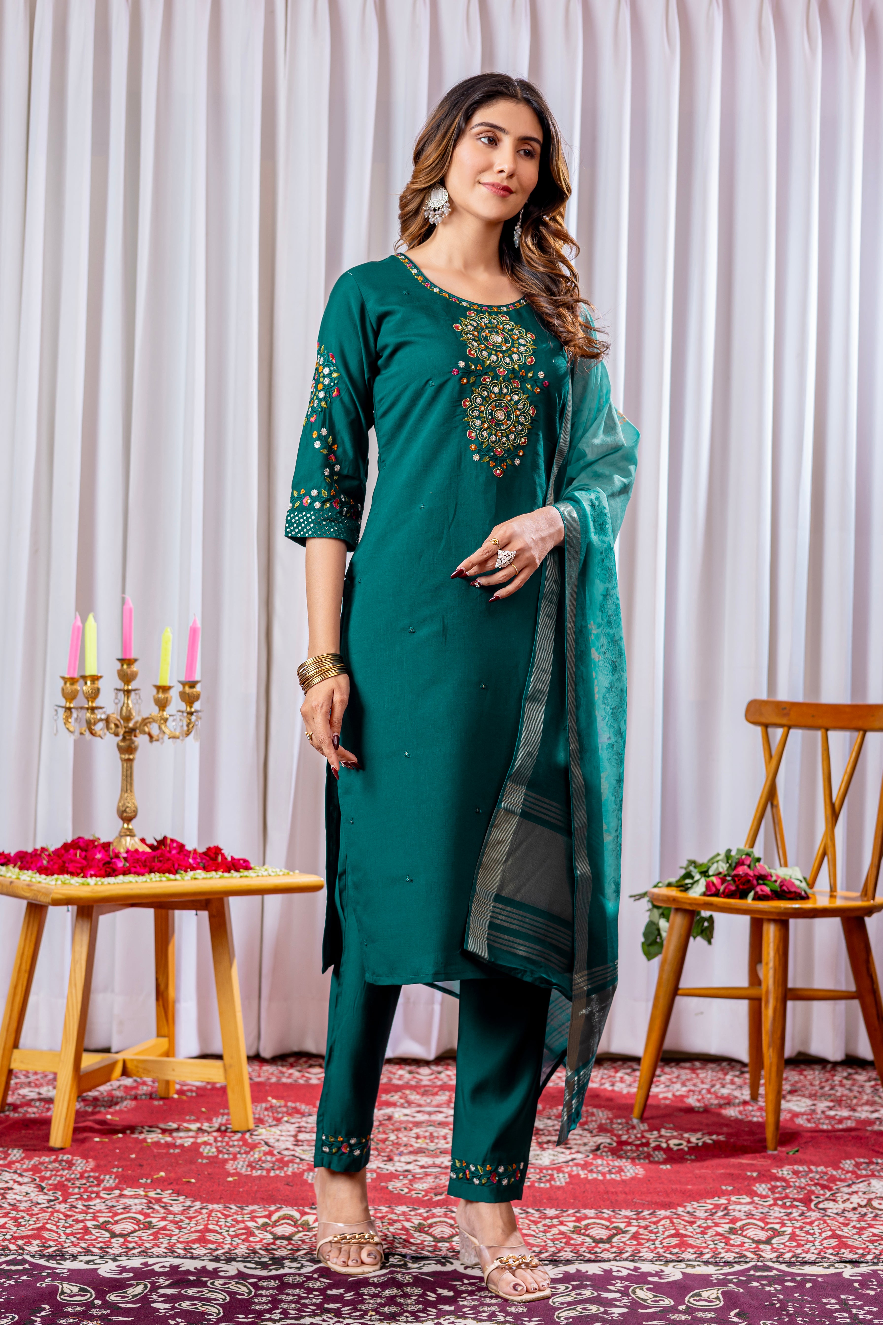 Graceful Straight Kurti Set with Chanderi Dupatta