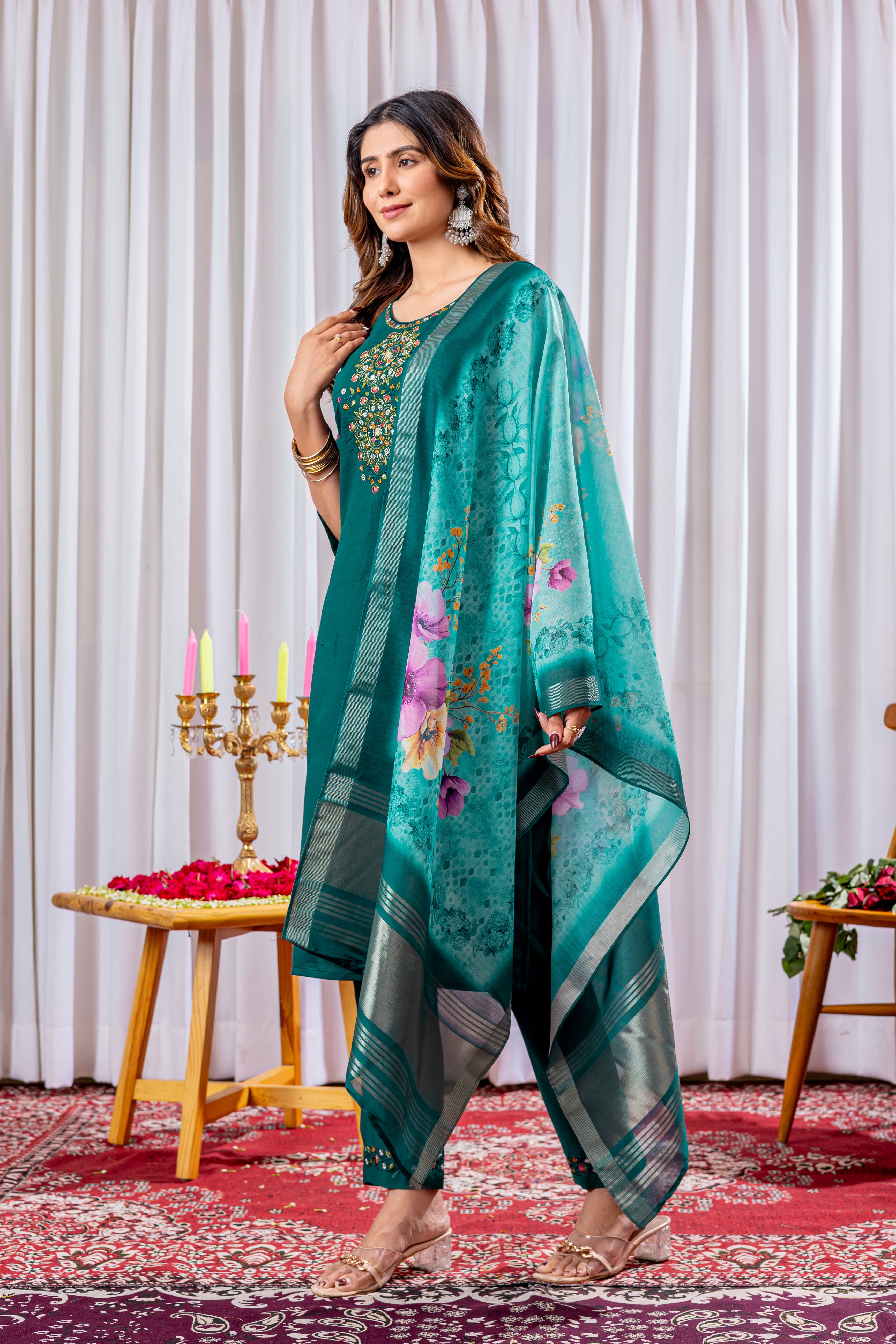 Graceful Straight Kurti Set with Chanderi Dupatta