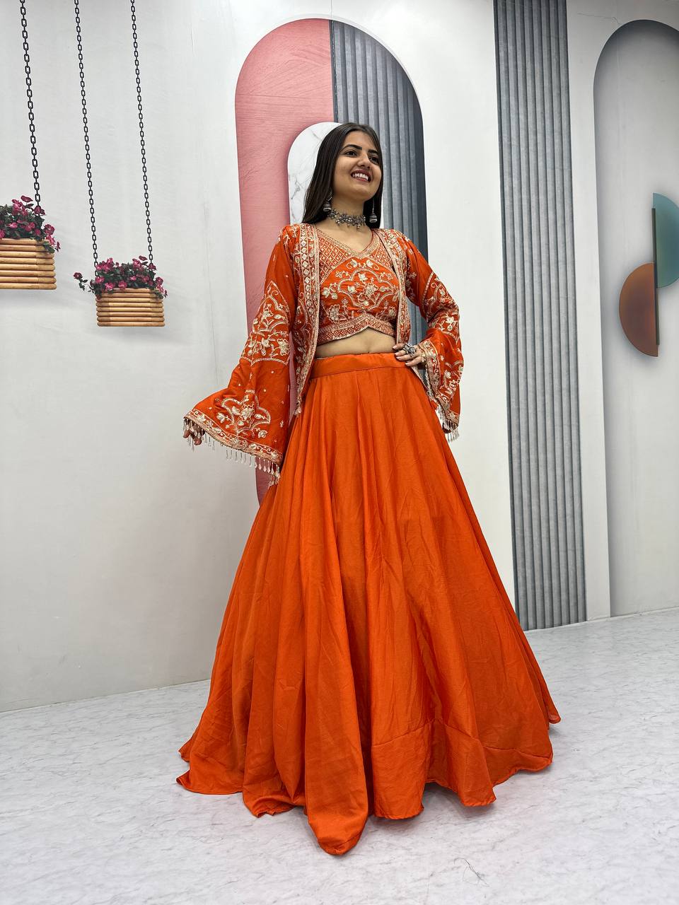 Premium Chinon Lehenga Set with Embroidered Blouse & Designer Jacket