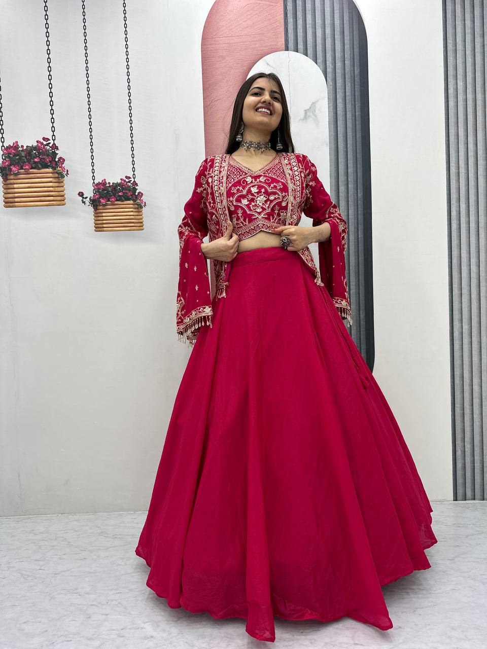 Premium Chinon Lehenga Set with Embroidered Blouse & Designer Jacket
