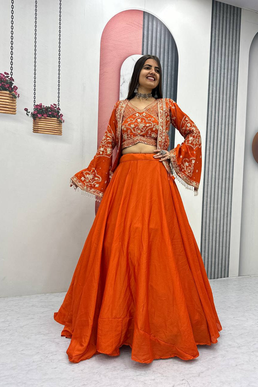 Premium Chinon Lehenga Set with Embroidered Blouse & Designer Jacket