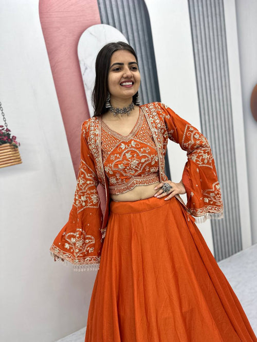 Chinon Lehenga Set with Embroidered Blouse & Designer Jacket