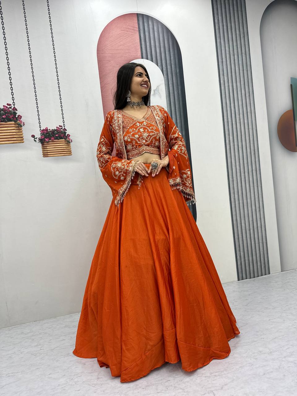 Premium Chinon Lehenga Set with Embroidered Blouse & Designer Jacket