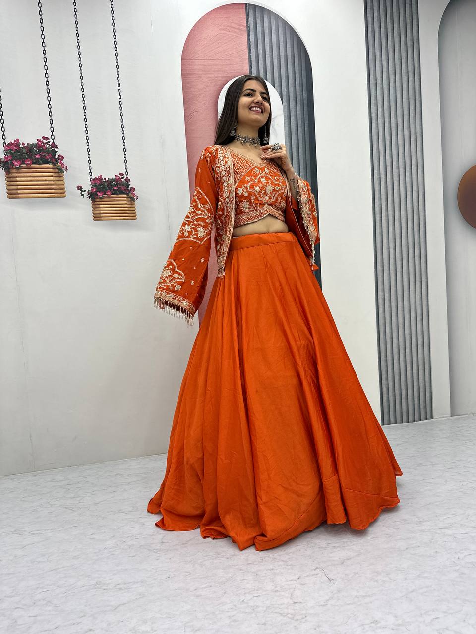 Premium Chinon Lehenga Set with Embroidered Blouse & Designer Jacket