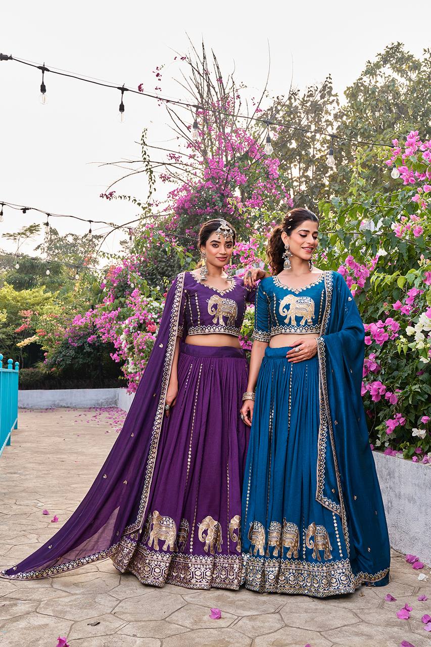Pure Vichitra Lehenga Choli Set with Embroidery Sequence Work