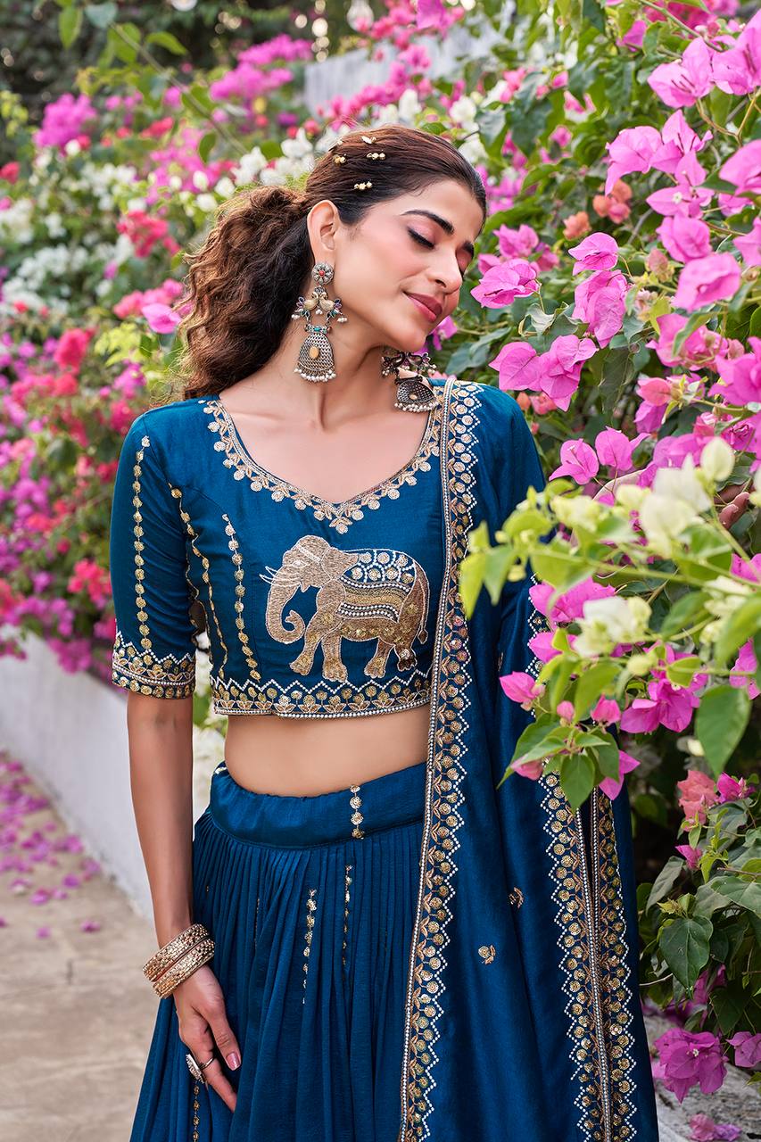 Pure Vichitra Lehenga Choli Set with Embroidery Sequence Work