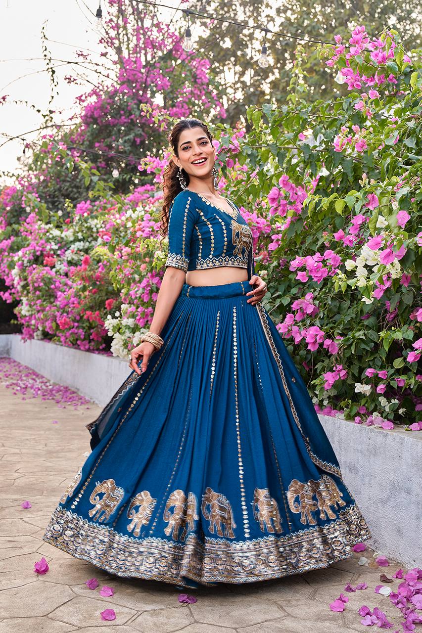Pure Vichitra Lehenga Choli Set with Embroidery Sequence Work