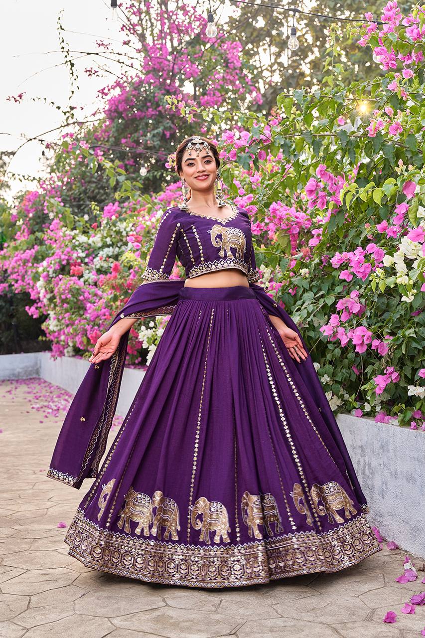 Pure Vichitra Lehenga Choli Set with Embroidery Sequence Work