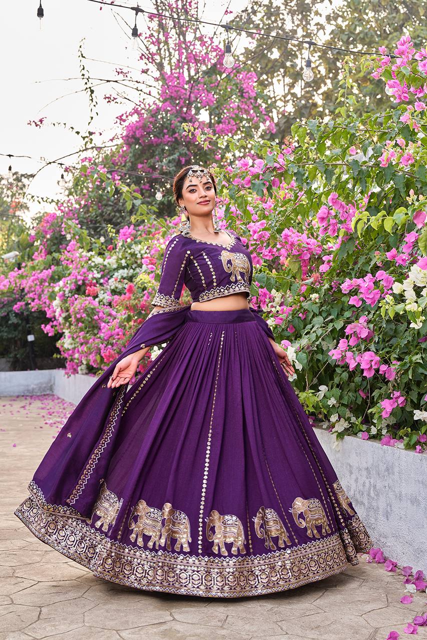 Pure Vichitra Lehenga Choli Set with Embroidery Sequence Work