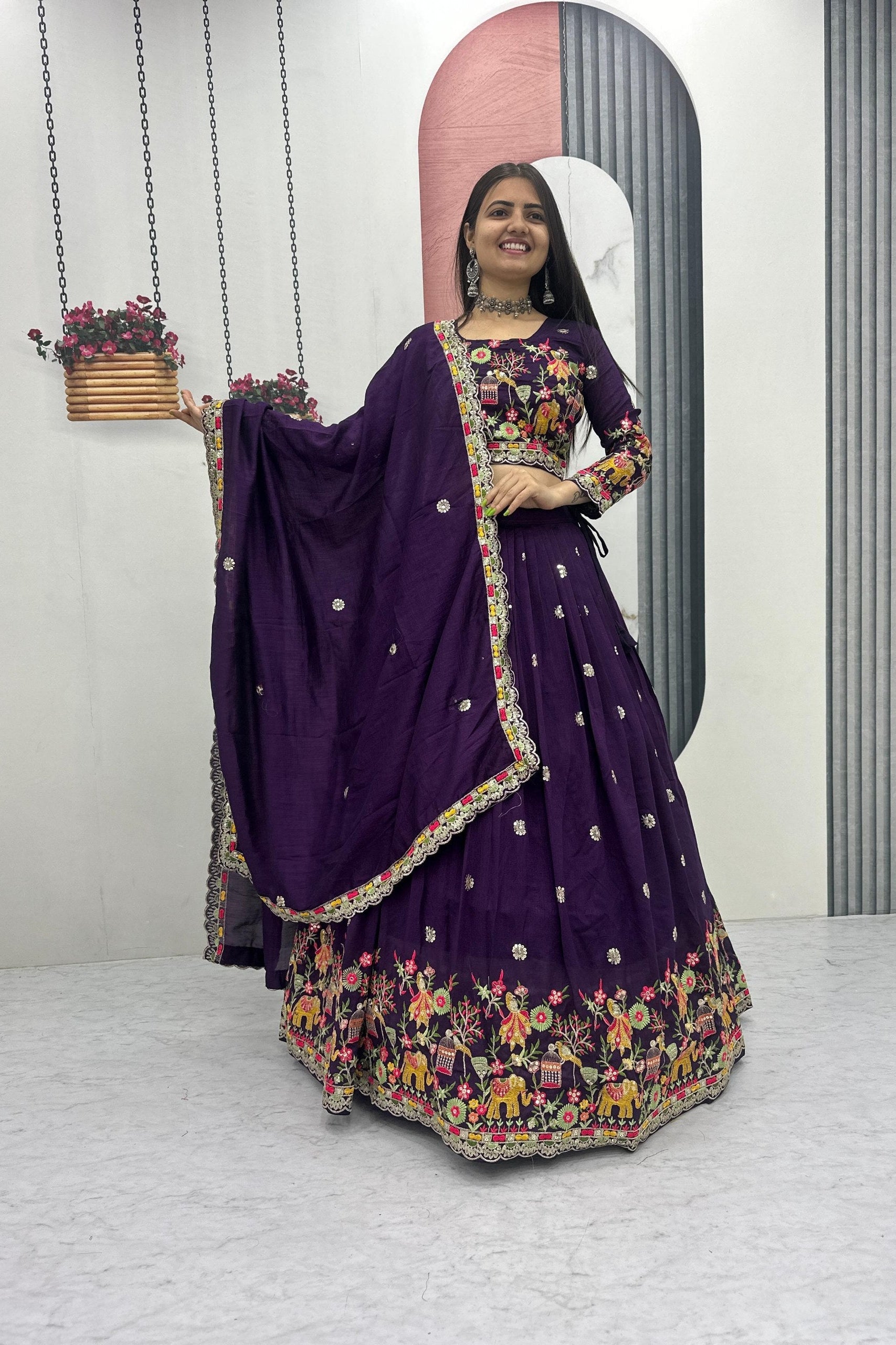 Chinon Coding Thread Embroidered Lehenga Choli with Dupatta