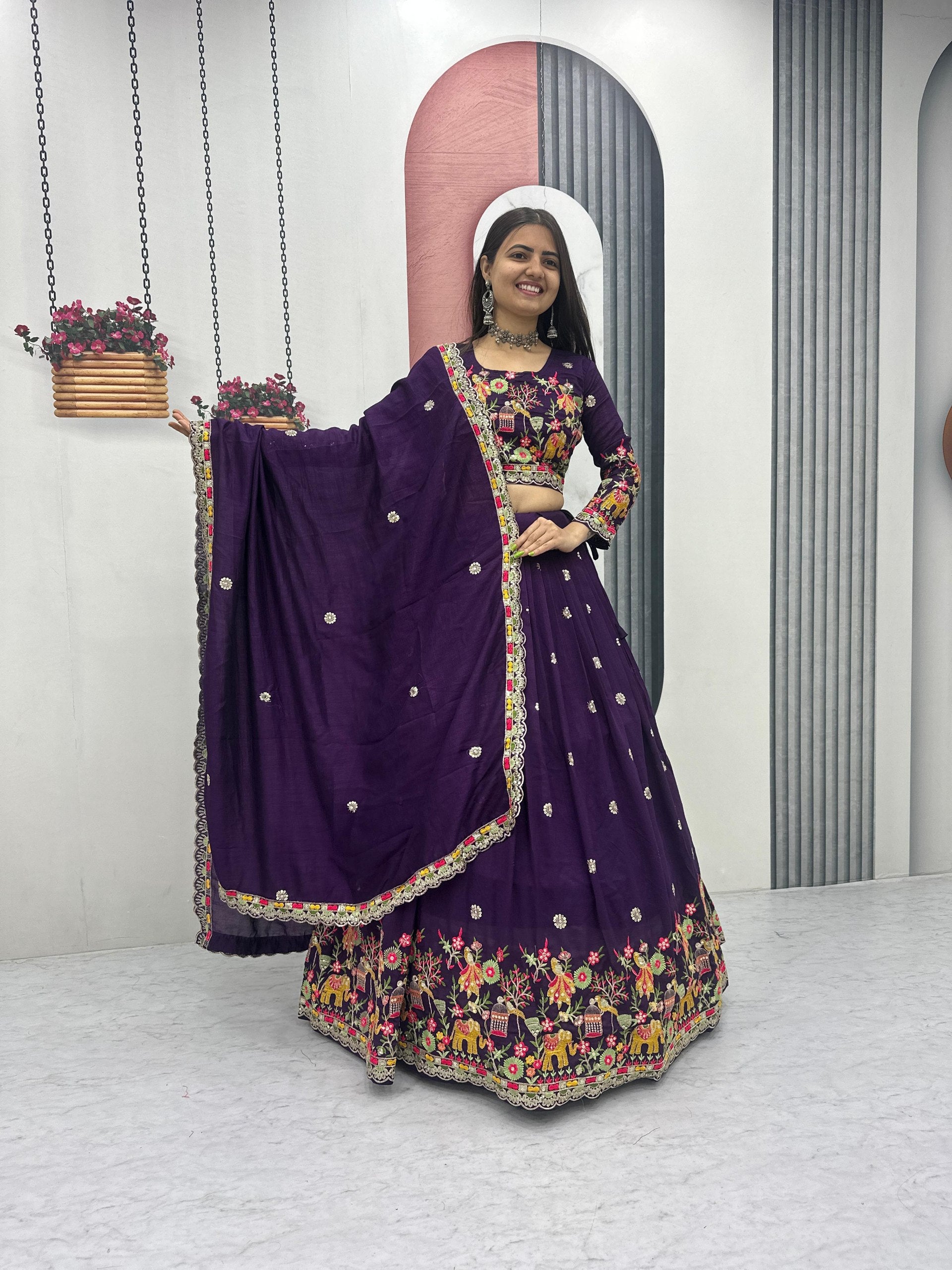 Chinon Coding Thread Embroidered Lehenga Choli with Dupatta