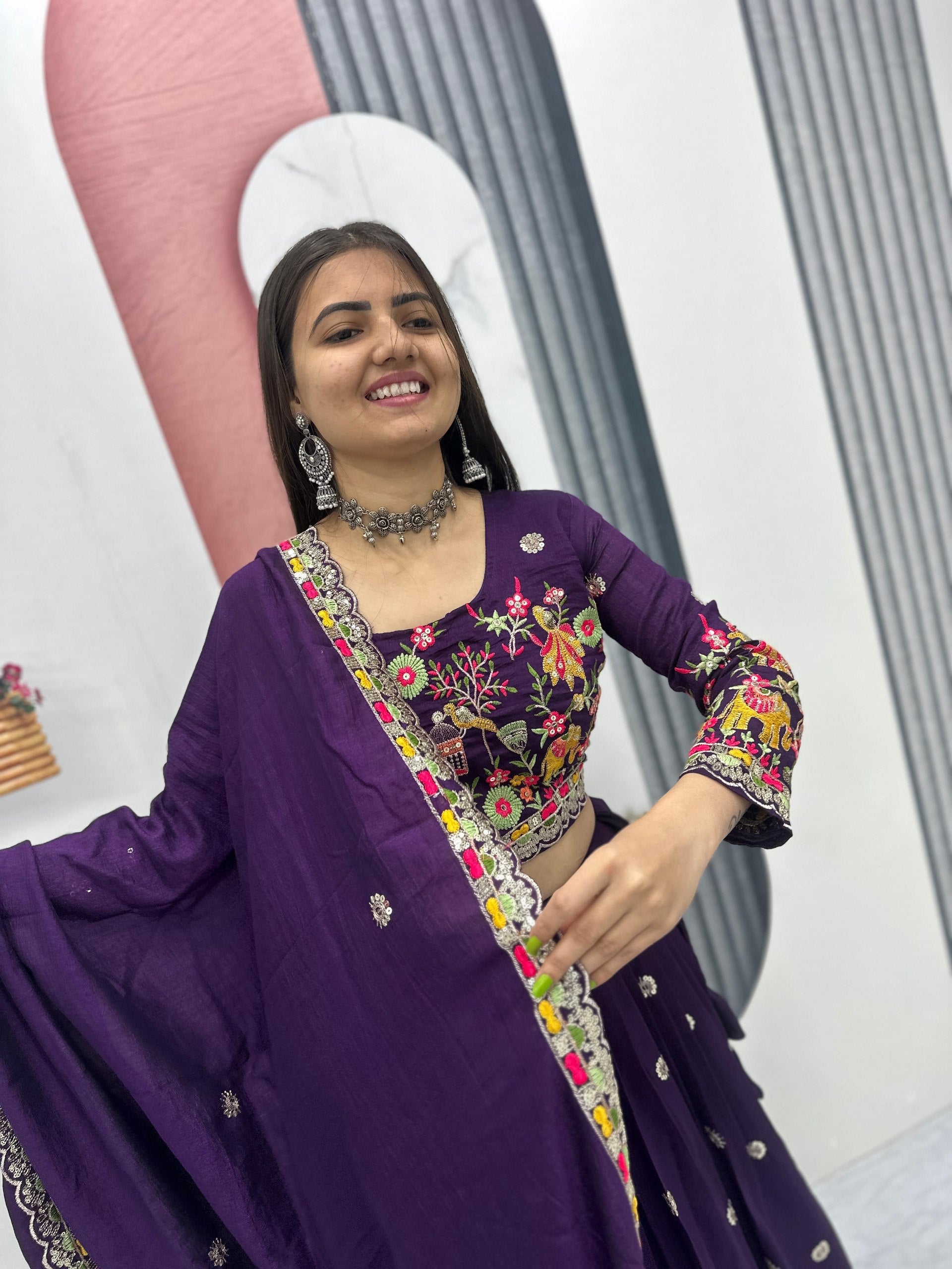 Chinon Coding Thread Embroidered Lehenga Choli with Dupatta