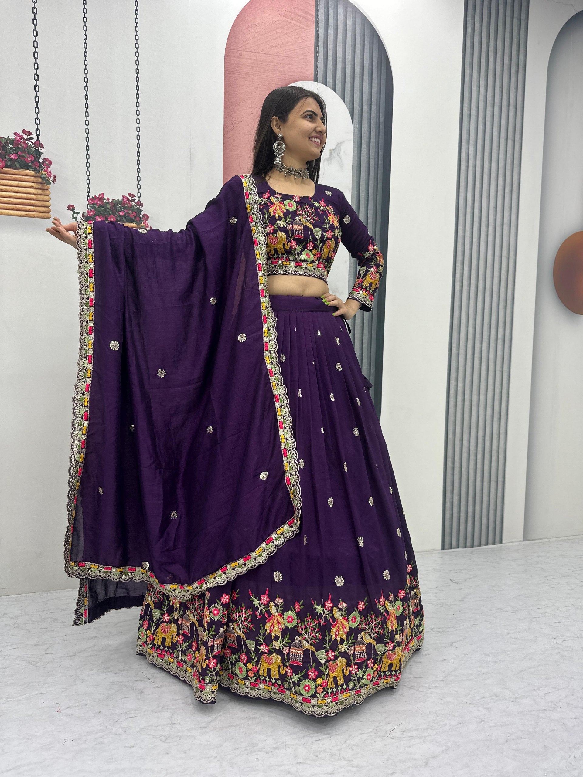 Chinon Coding Thread Embroidered Lehenga Choli with Dupatta