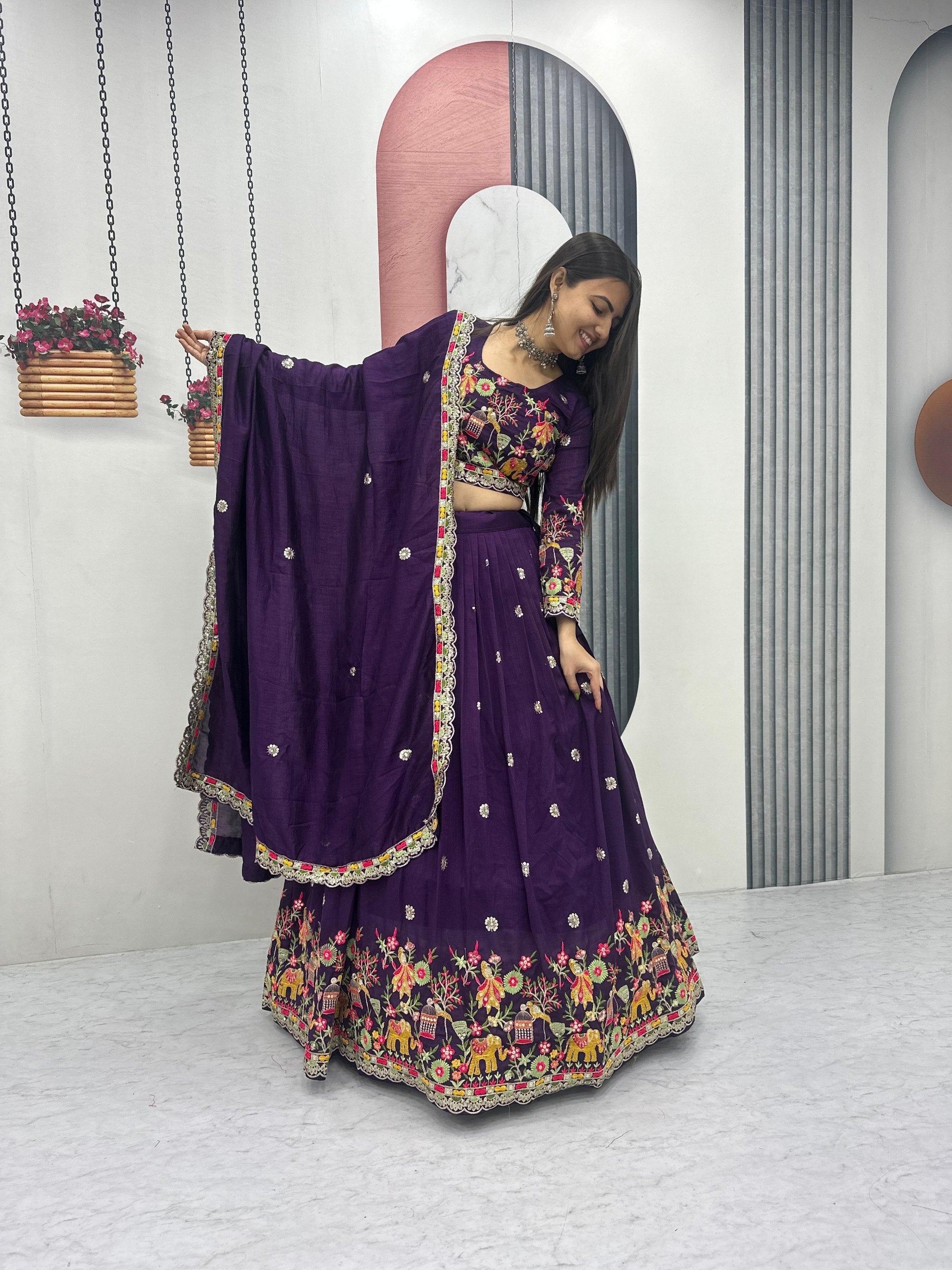 Chinon Coding Thread Embroidered Lehenga Choli with Dupatta