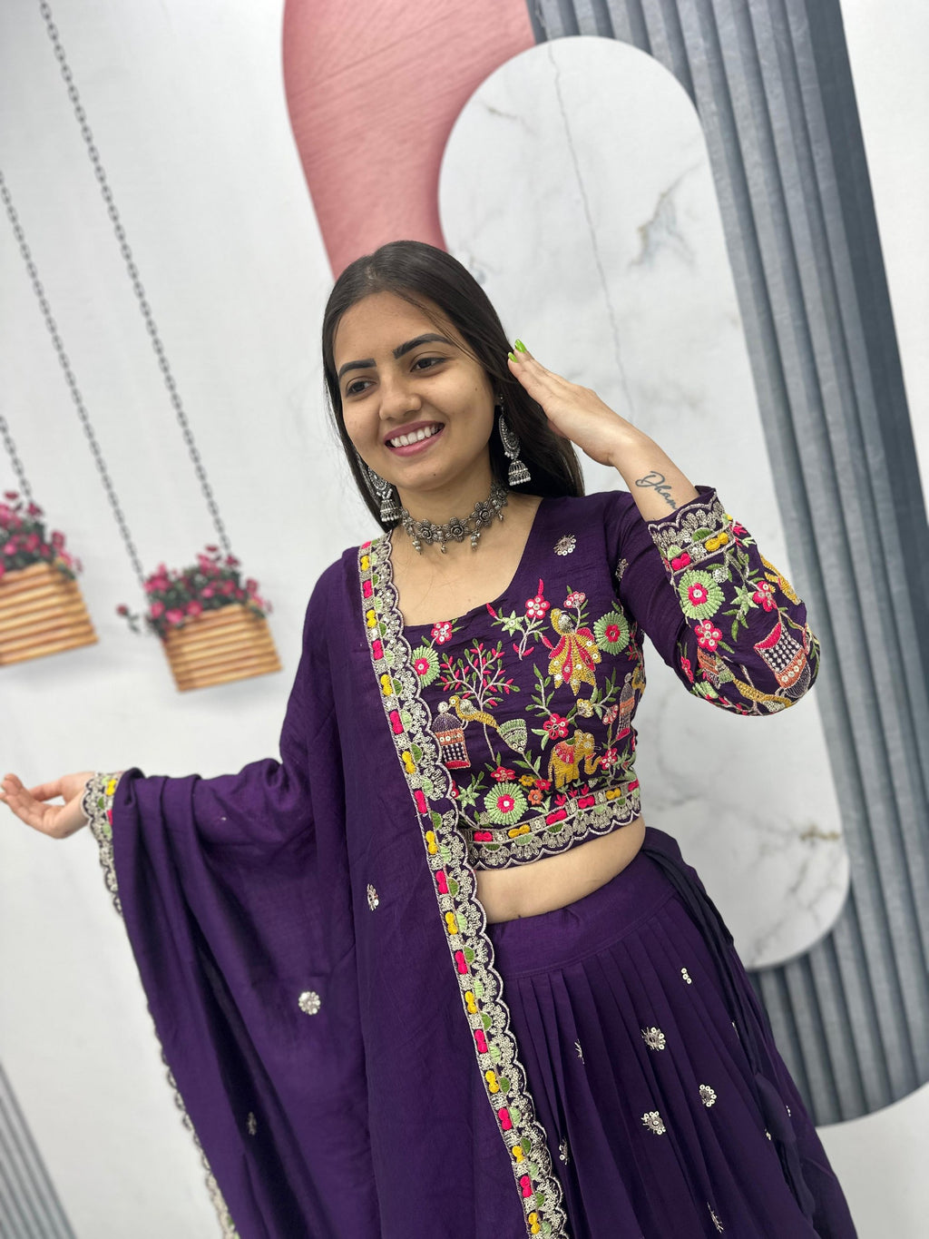 Chinon Coding Thread Embroidered Lehenga Choli with Dupatta