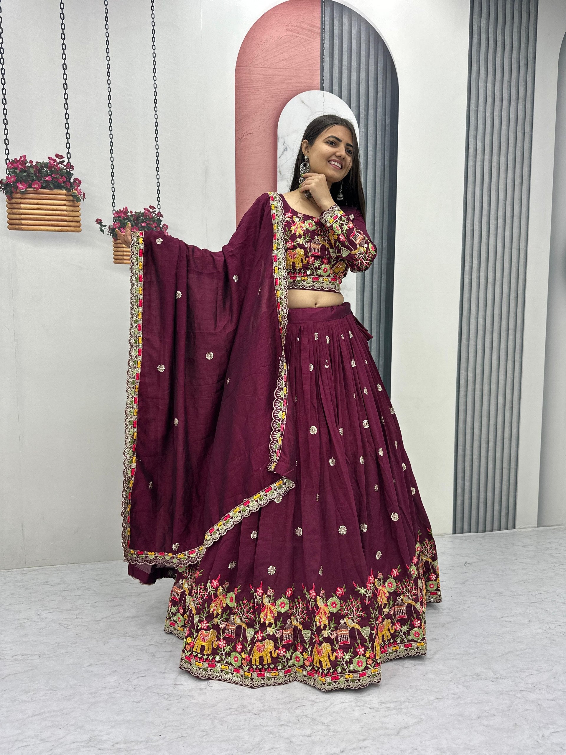 Chinon Coding Thread Embroidered Lehenga Choli with Dupatta