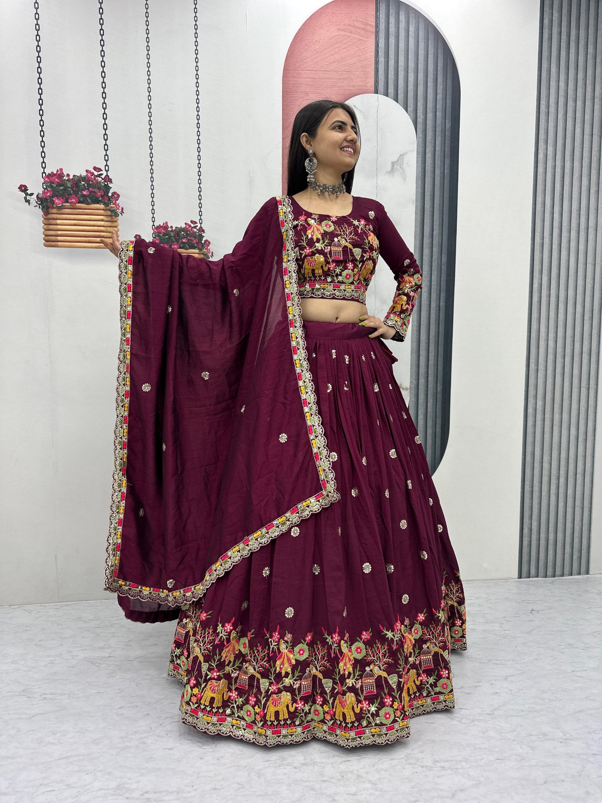 Chinon Coding Thread Embroidered Lehenga Choli with Dupatta
