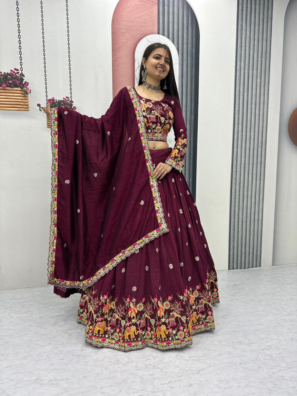 Chinon Coding Thread Embroidered Lehenga Choli with Dupatta