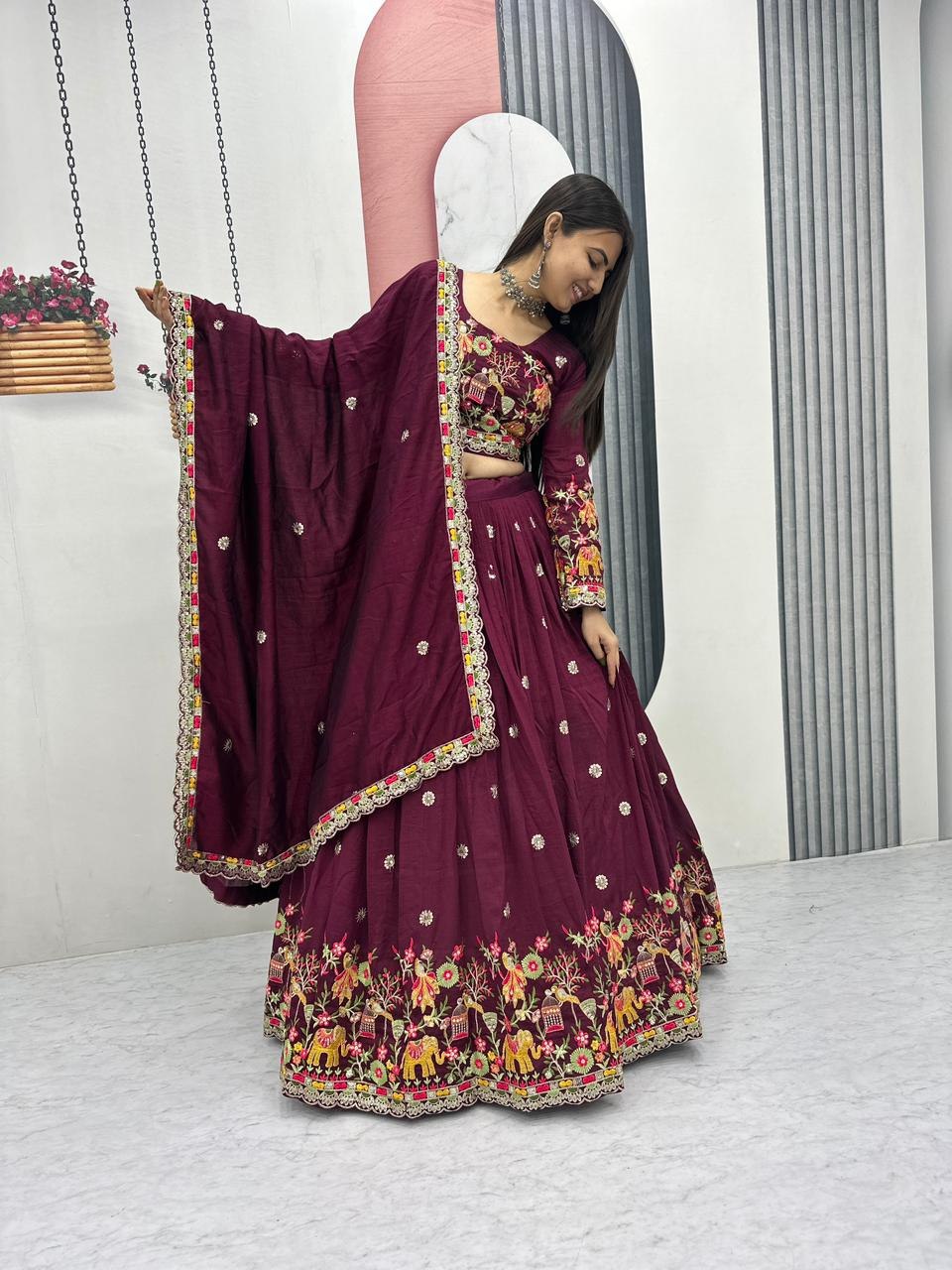 Chinon Coding Thread Embroidered Lehenga Choli with Dupatta