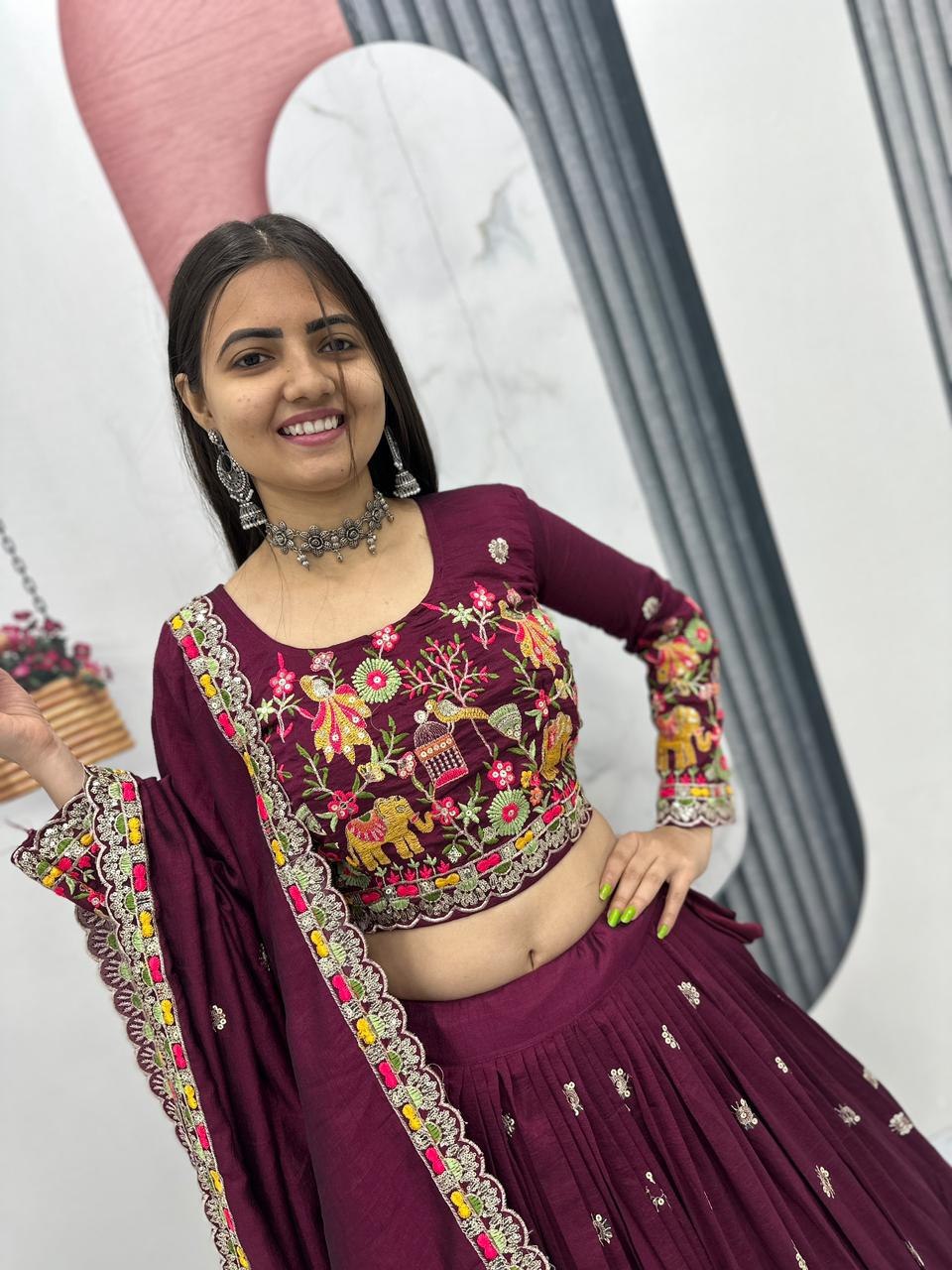 Chinon Coding Thread Embroidered Lehenga Choli with Dupatta