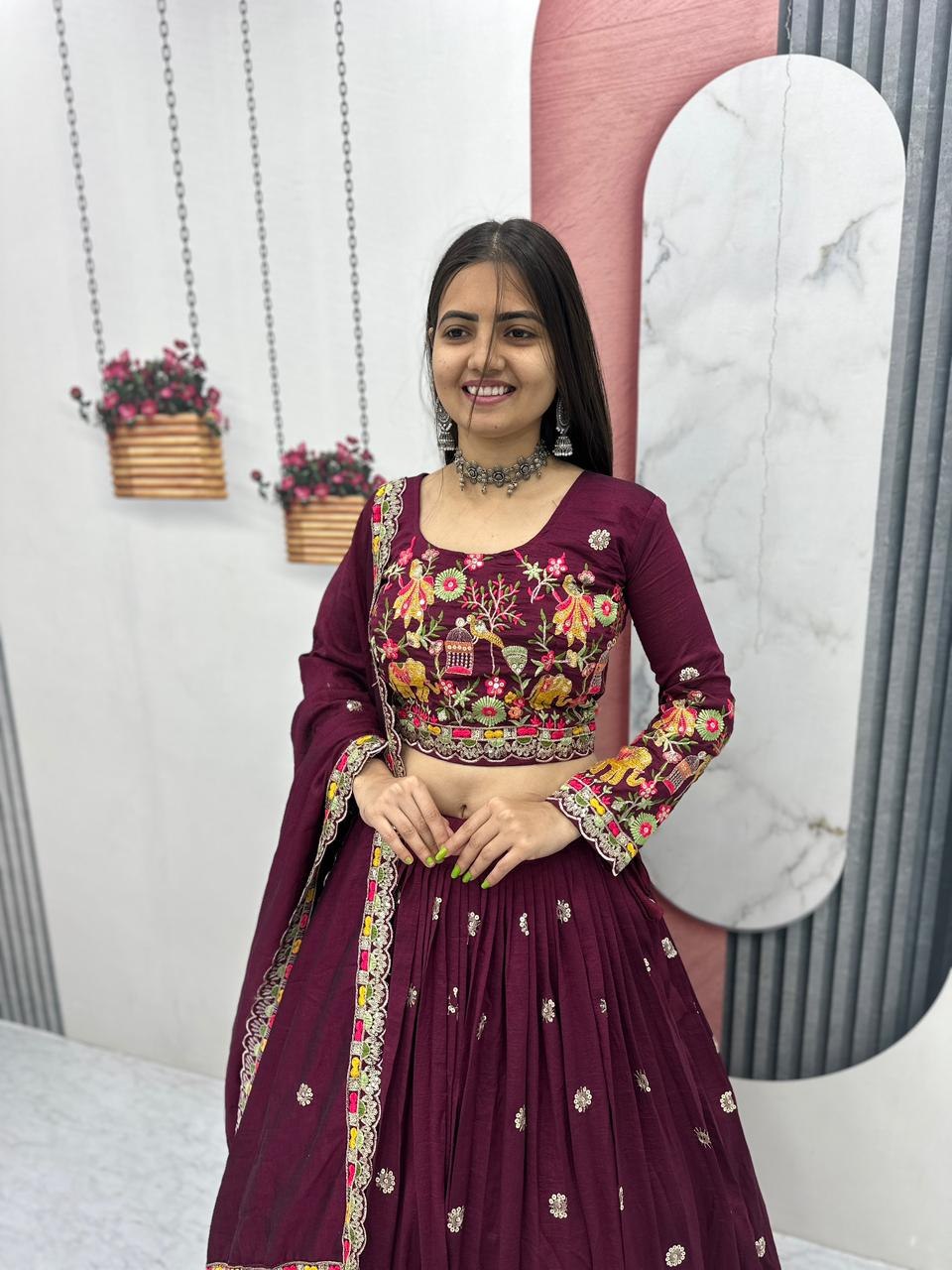 Chinon Coding Thread Embroidered Lehenga Choli with Dupatta