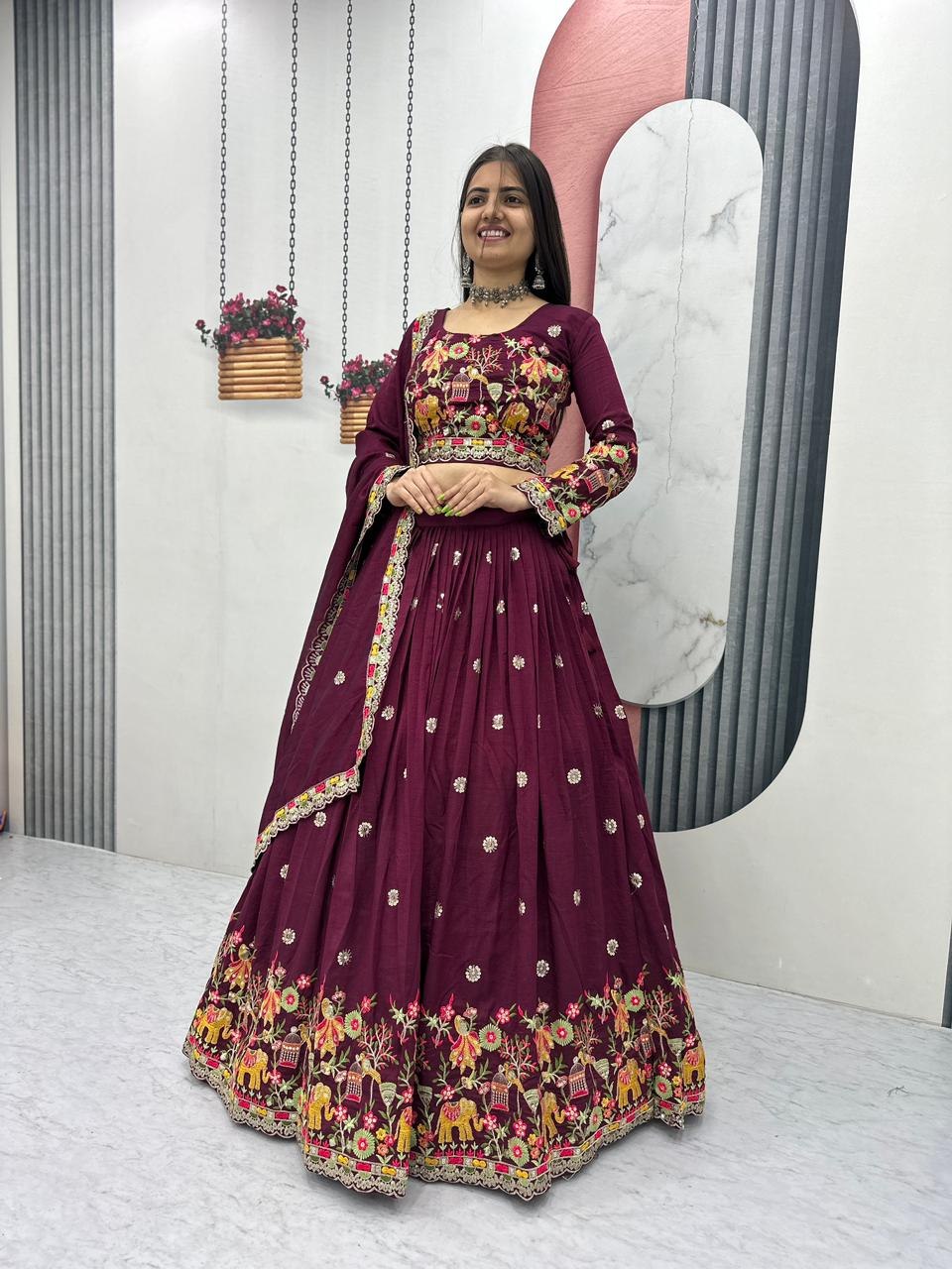 Chinon Coding Thread Embroidered Lehenga Choli with Dupatta