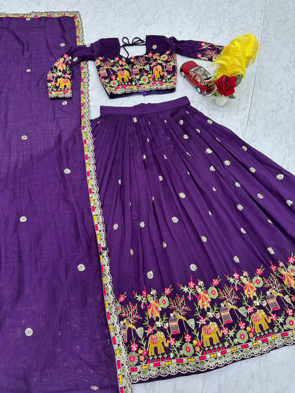 Chinon Coding Thread Embroidered Lehenga Choli with Dupatta