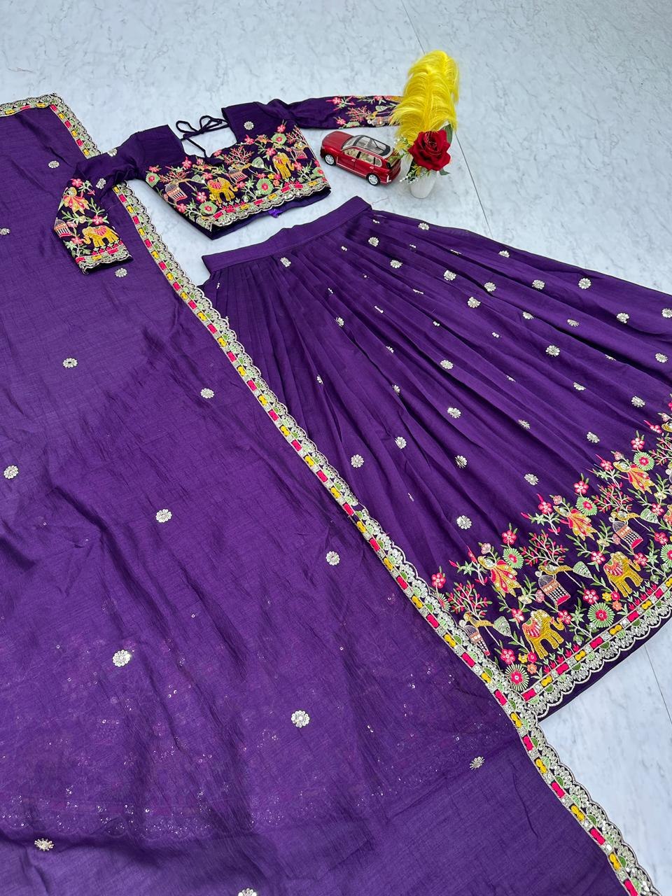Chinon Coding Thread Embroidered Lehenga Choli with Dupatta