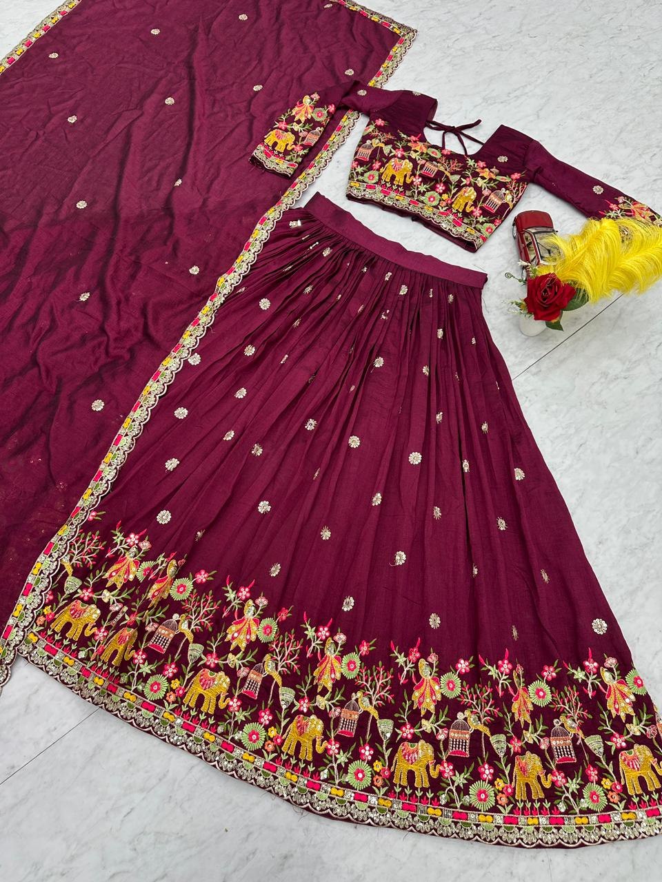 Chinon Coding Thread Embroidered Lehenga Choli with Dupatta