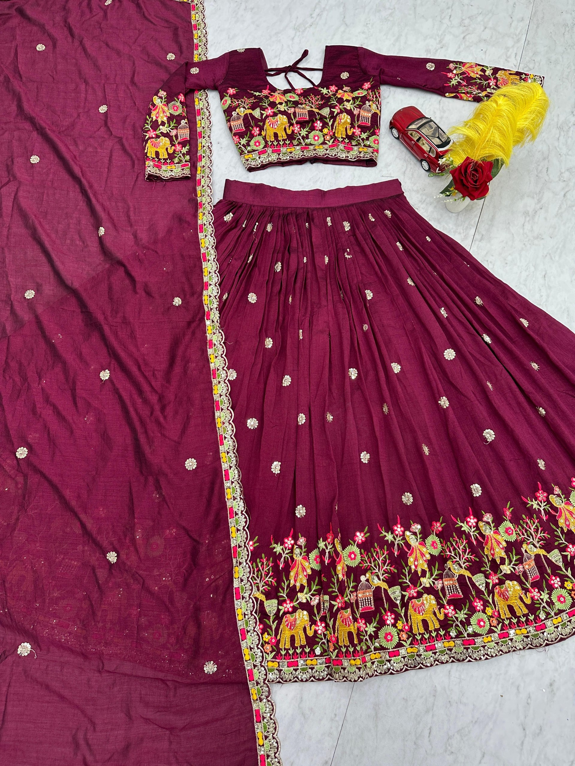 Chinon Coding Thread Embroidered Lehenga Choli with Dupatta