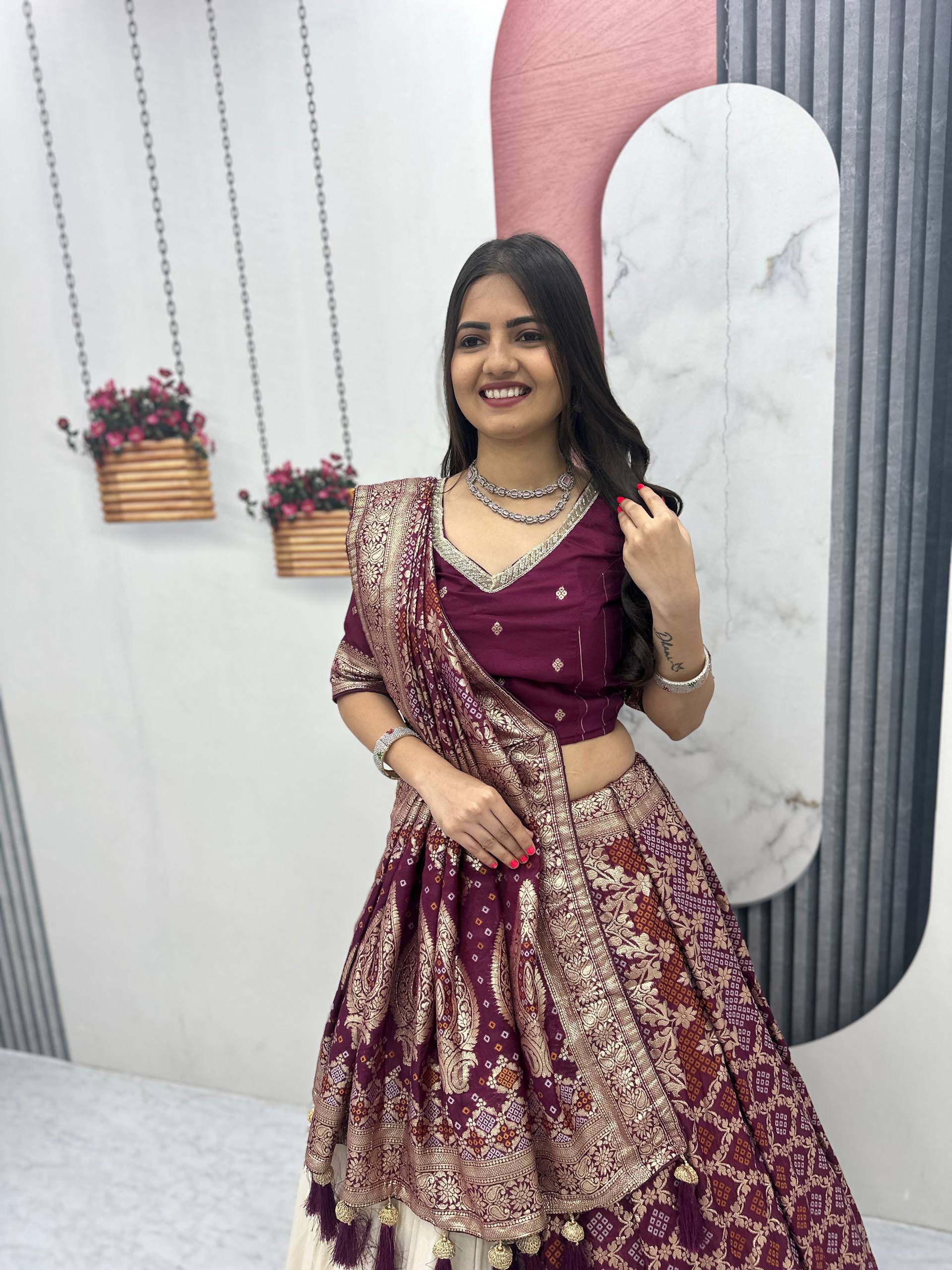 Lehenga Saree Set with Jacquard Silk Blouse and Pure Simar Silk Lehenga