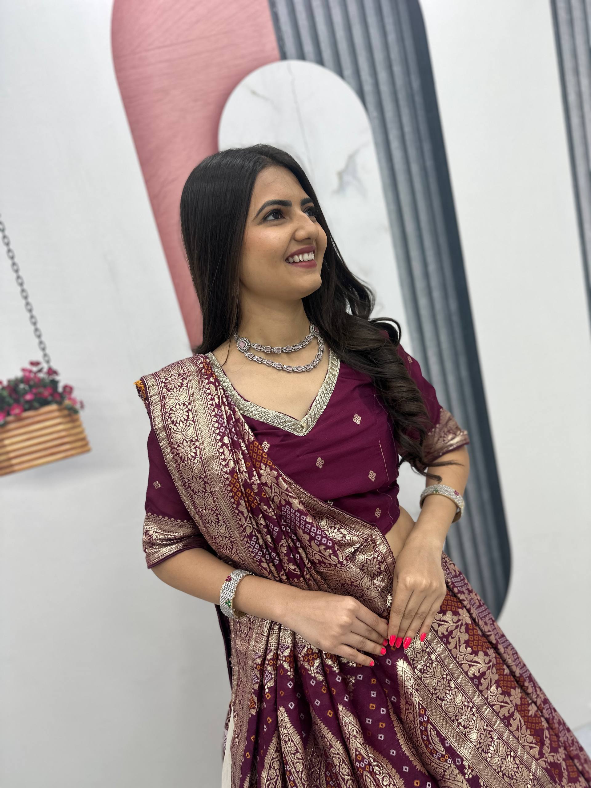 Lehenga Saree Set with Jacquard Silk Blouse and Pure Simar Silk Lehenga