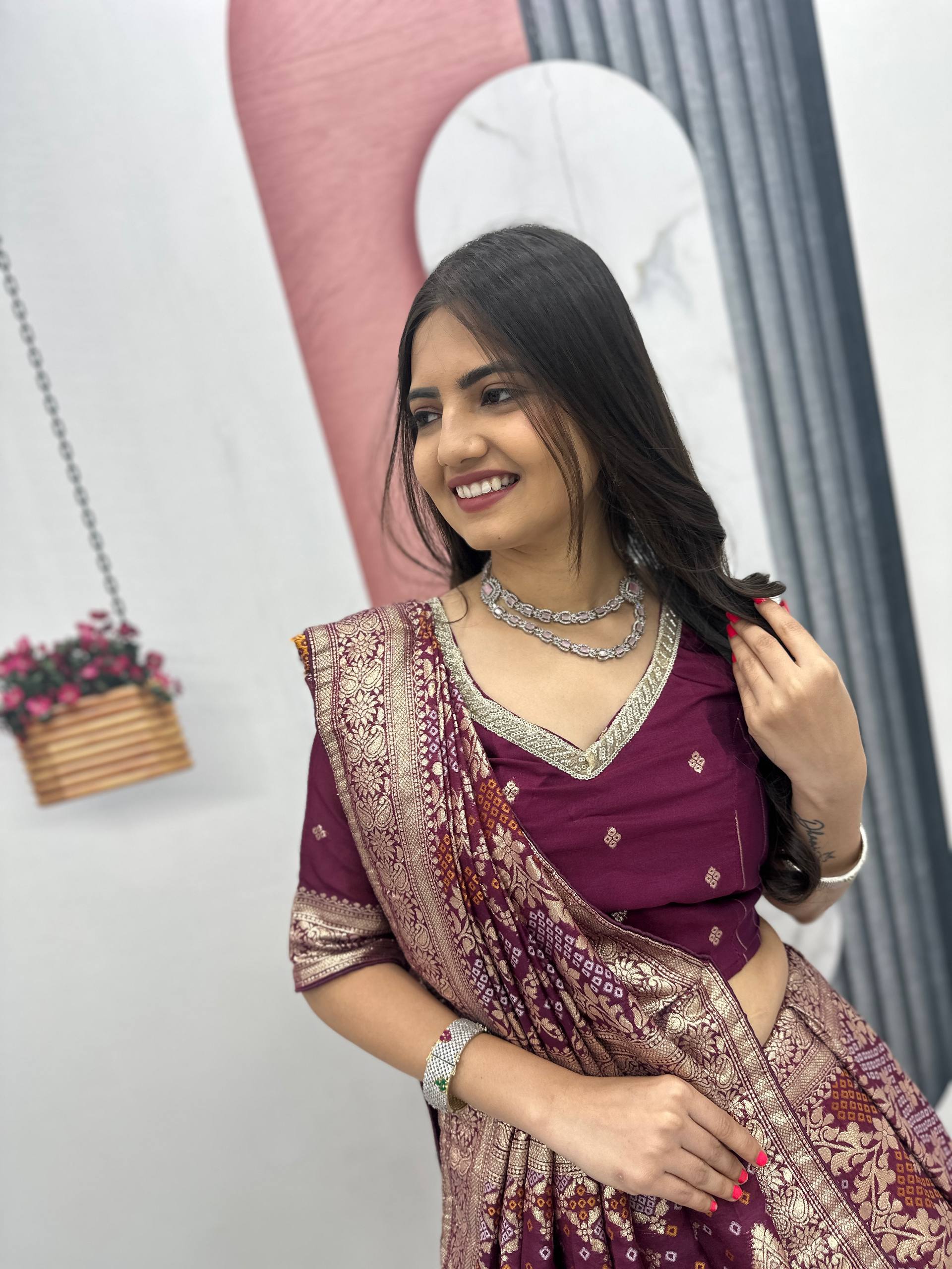Lehenga Saree Set with Jacquard Silk Blouse and Pure Simar Silk Lehenga