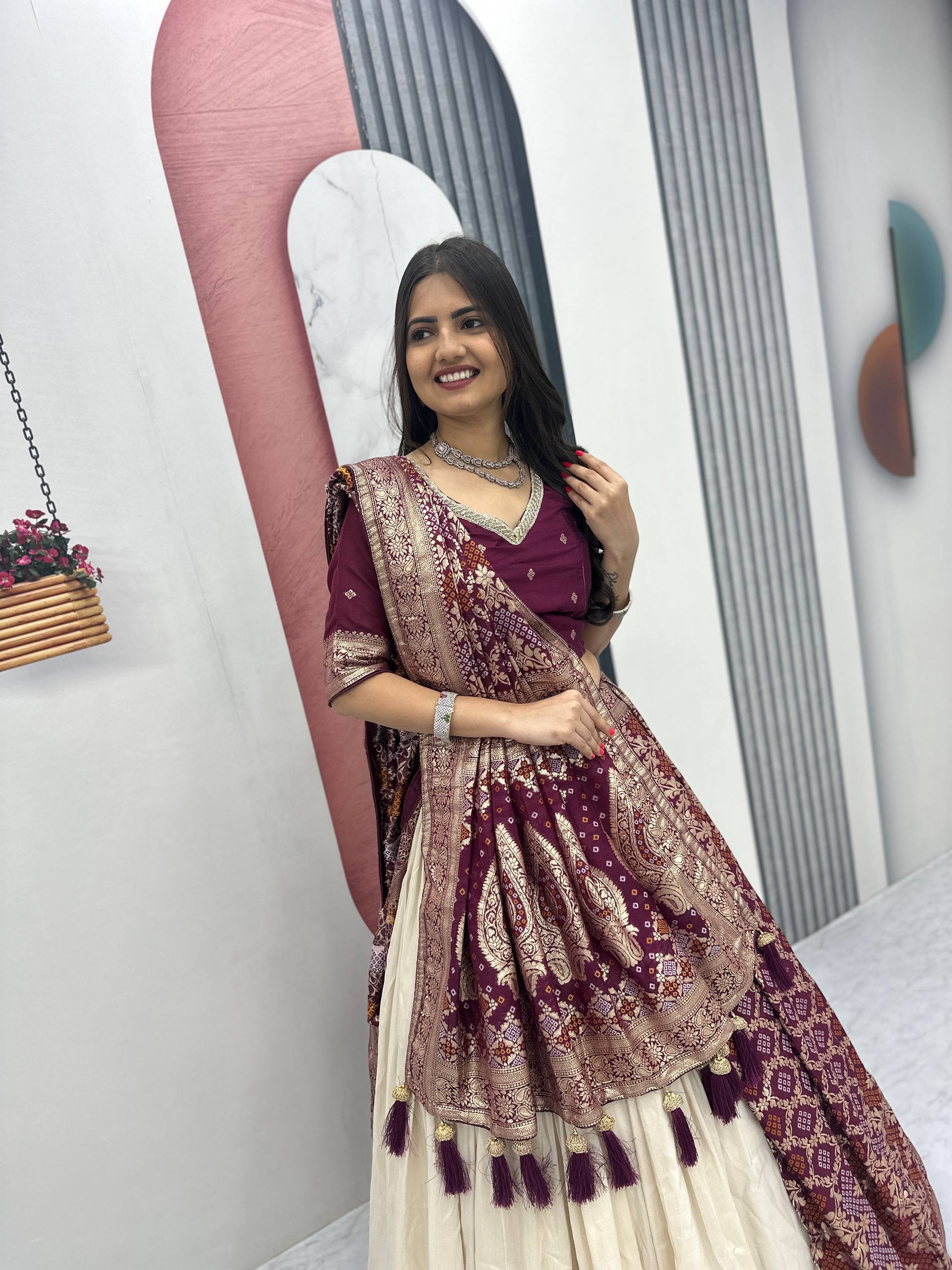 Lehenga Saree Set with Jacquard Silk Blouse and Pure Simar Silk Lehenga