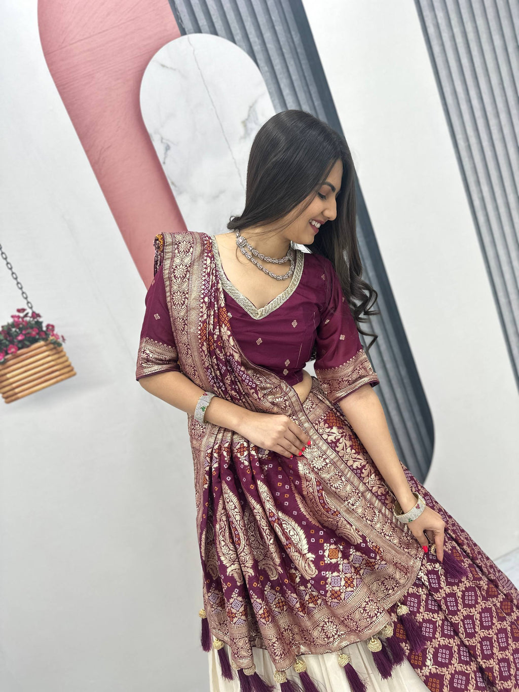 Lehenga Saree Set with Jacquard Silk Blouse and Pure Simar Silk Lehenga