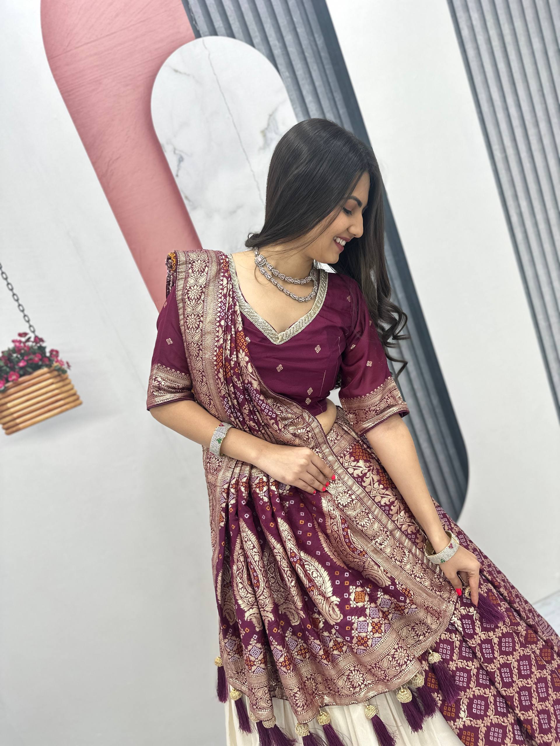 Lehenga Saree Set with Jacquard Silk Blouse and Pure Simar Silk Lehenga