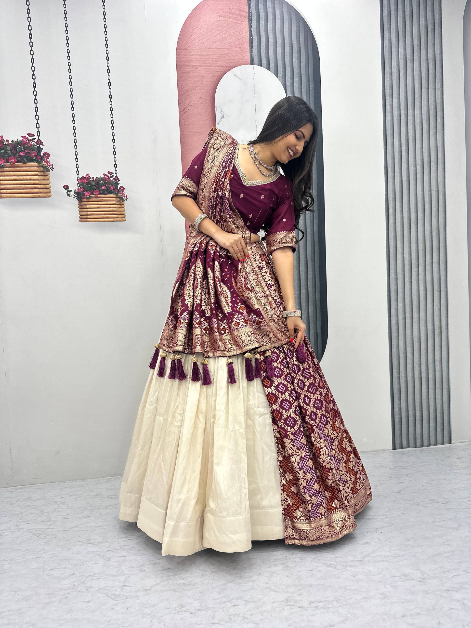 Lehenga Saree Set with Jacquard Silk Blouse and Pure Simar Silk Lehenga