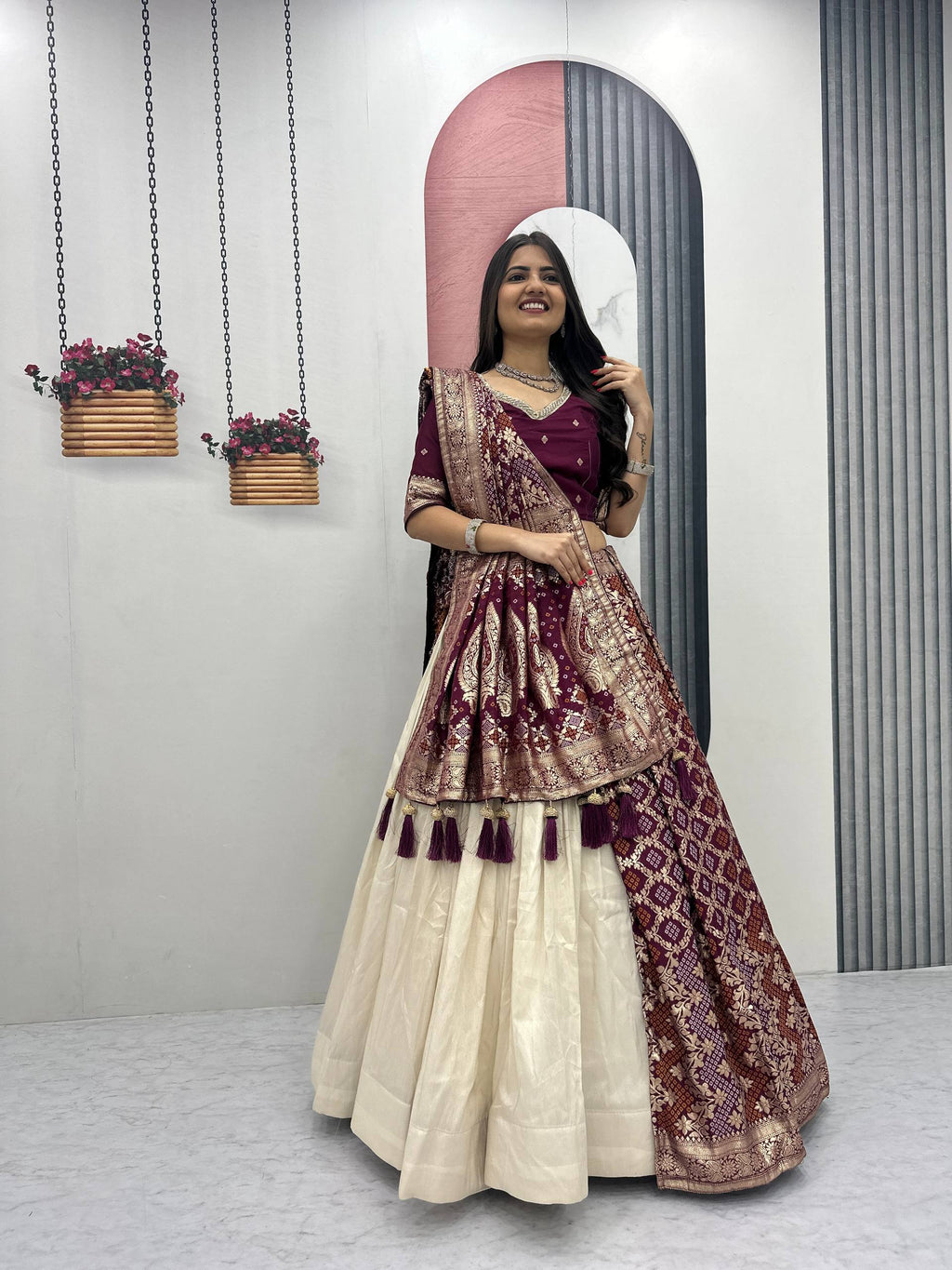 Lehenga Saree Set with Jacquard Silk Blouse and Pure Simar Silk Lehenga