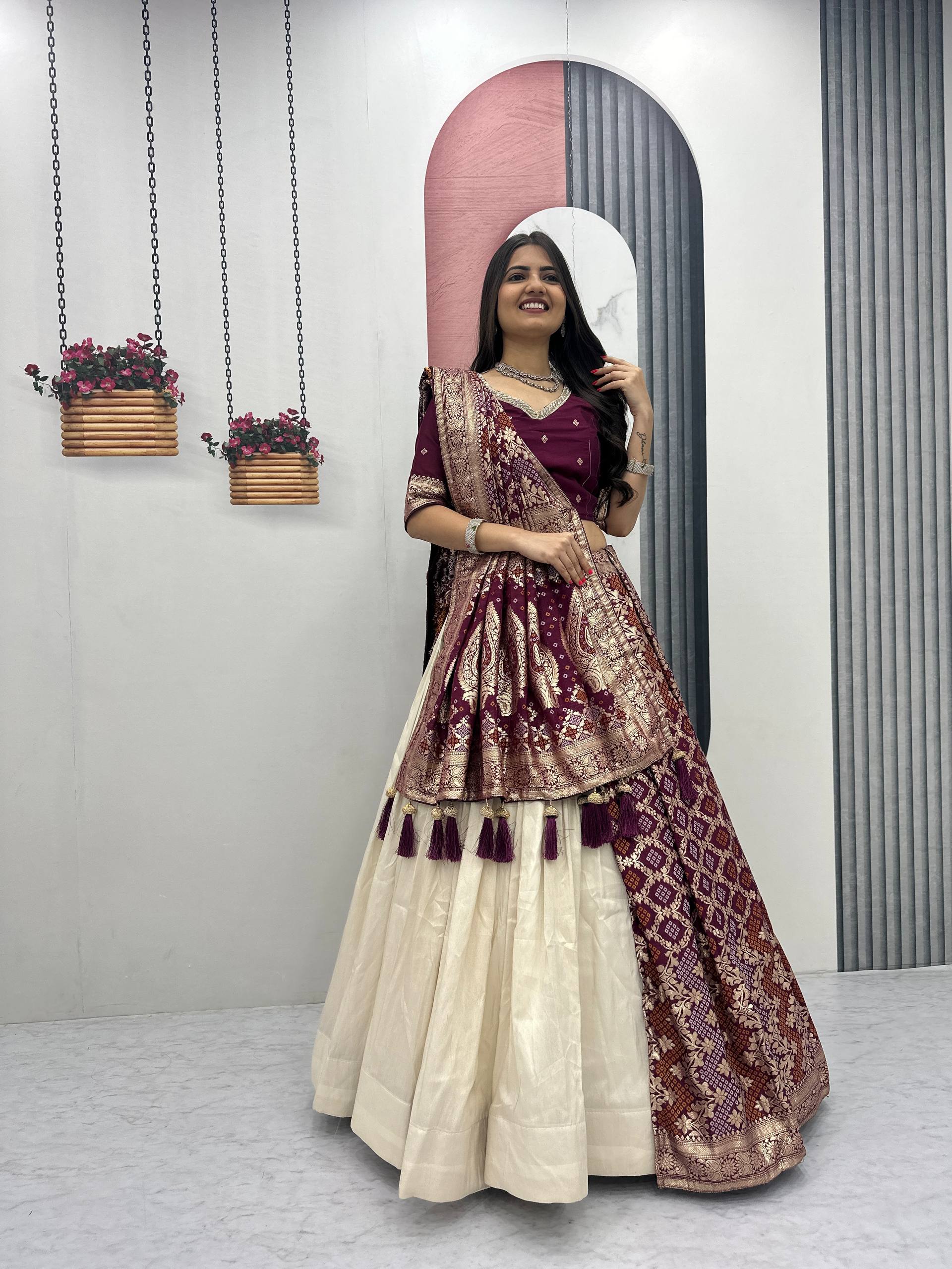 Lehenga Saree Set with Jacquard Silk Blouse and Pure Simar Silk Lehenga
