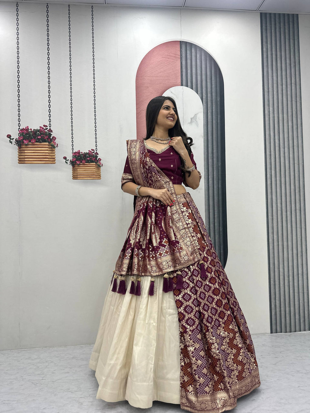 Lehenga Saree Set with Jacquard Silk Blouse and Pure Simar Silk Lehenga