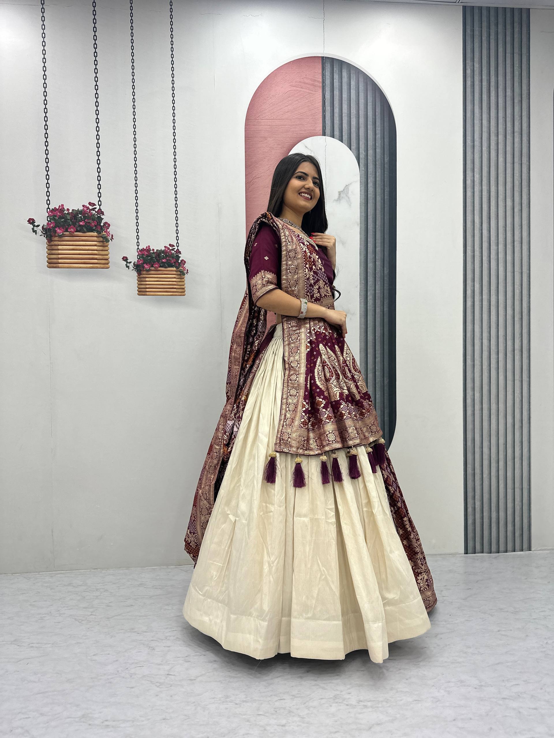 Lehenga Saree Set with Jacquard Silk Blouse and Pure Simar Silk Lehenga