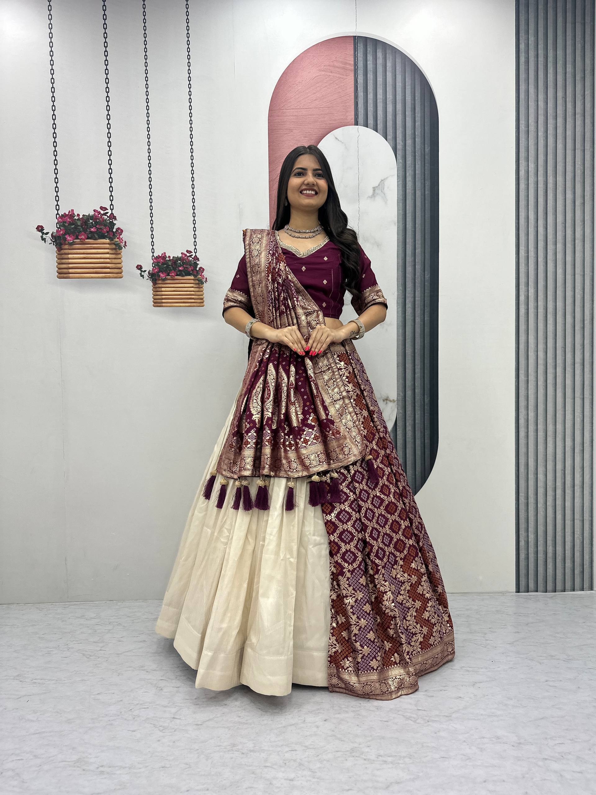 Lehenga Saree Set with Jacquard Silk Blouse and Pure Simar Silk Lehenga