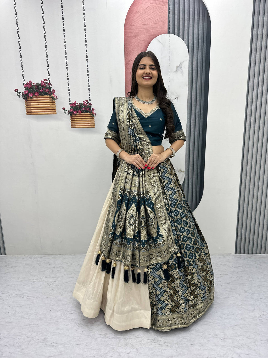 Lehenga Saree Set with Jacquard Silk Blouse and Pure Simar Silk Lehenga