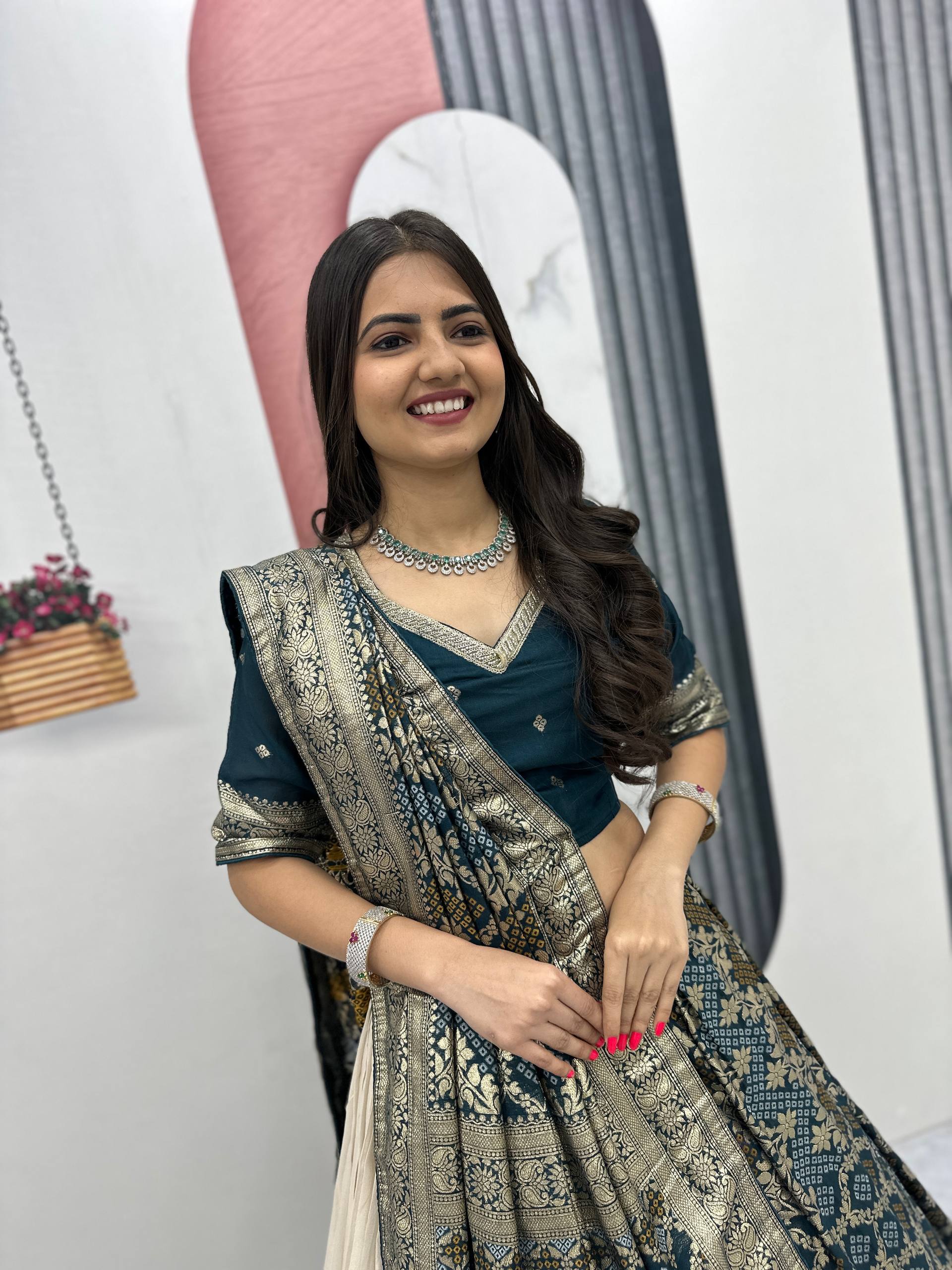 Lehenga Saree Set with Jacquard Silk Blouse and Pure Simar Silk Lehenga