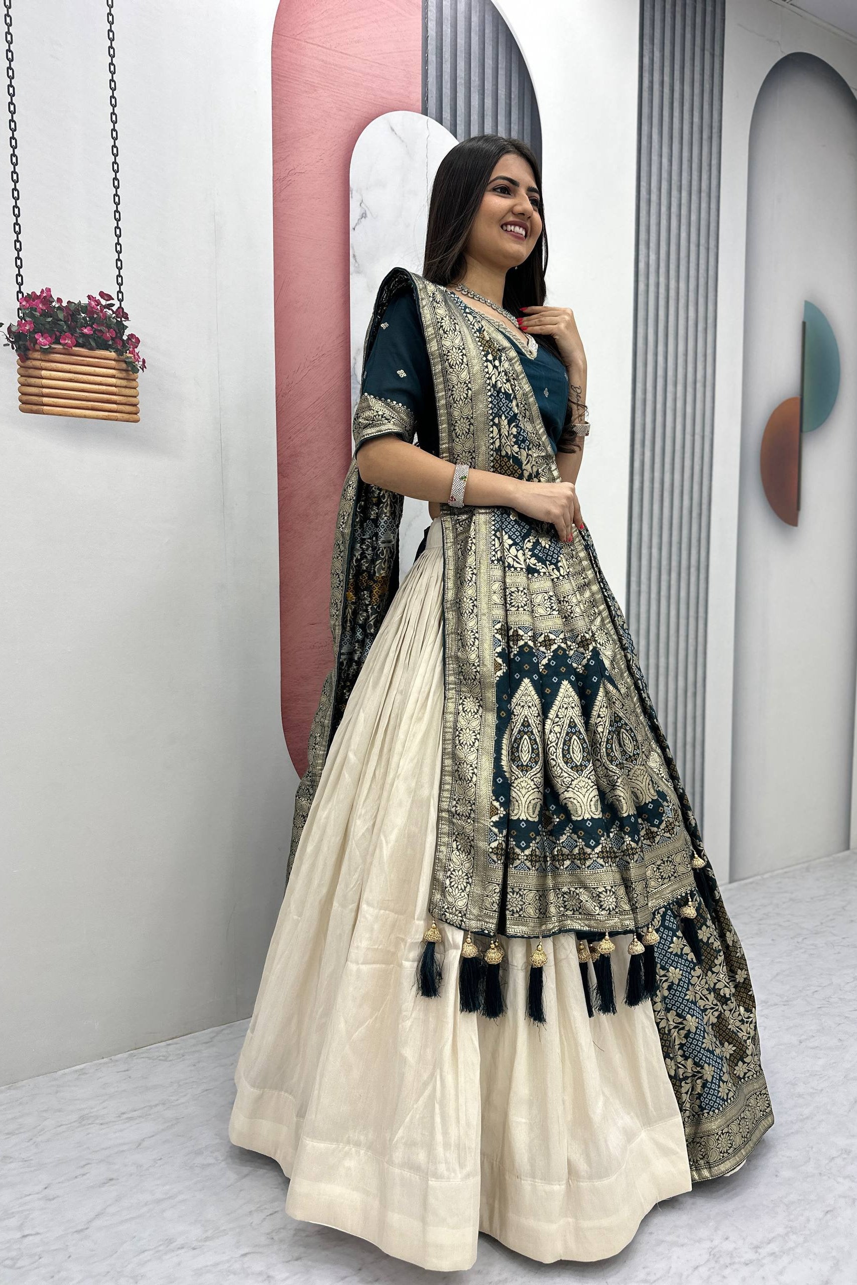 Designer Lehenga Saree Set with Jacquard Silk Blouse and Pure Simar Silk Lehenga